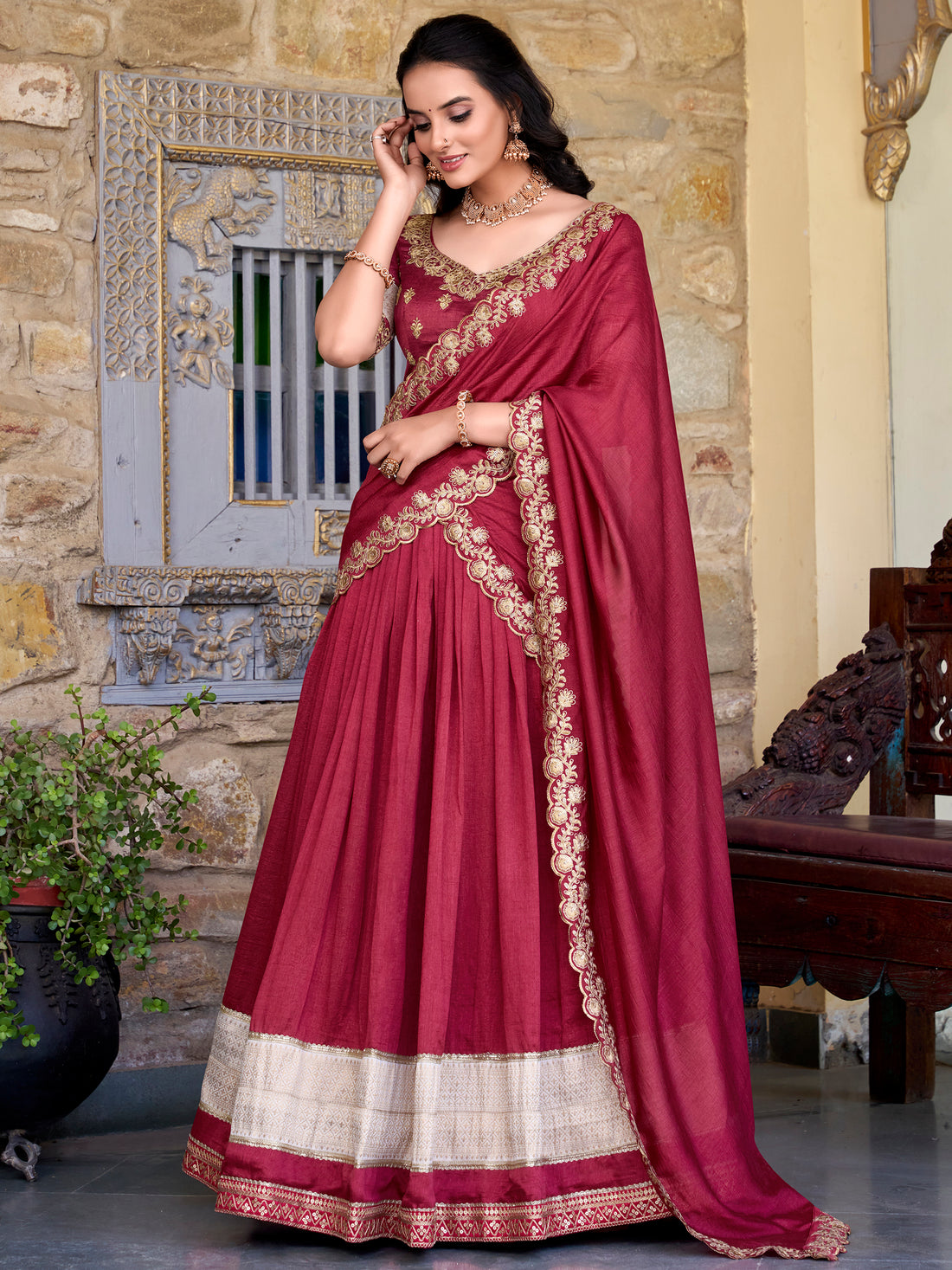 Wonderful Maroon Zari Weaving Silk Wedding Lehenga Choli With Dupatta