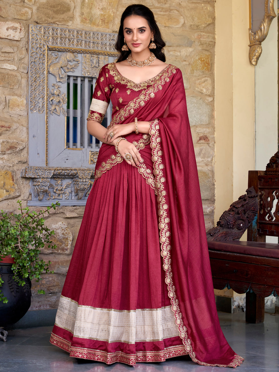 Wonderful Maroon Zari Weaving Silk Wedding Lehenga Choli With Dupatta