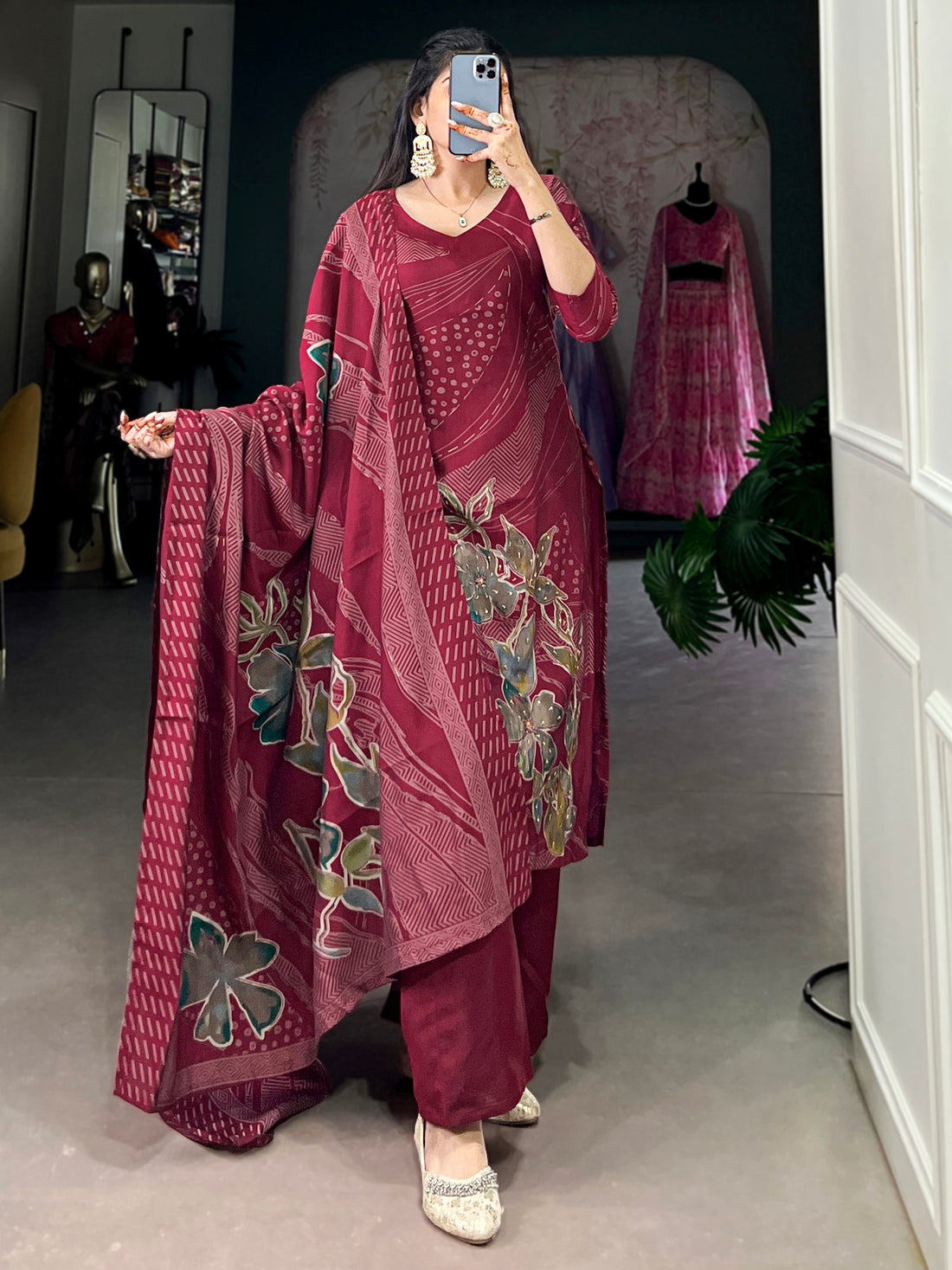 Wonderful Maroon Floral Printed Silk Palazzo Suit With Dupatta