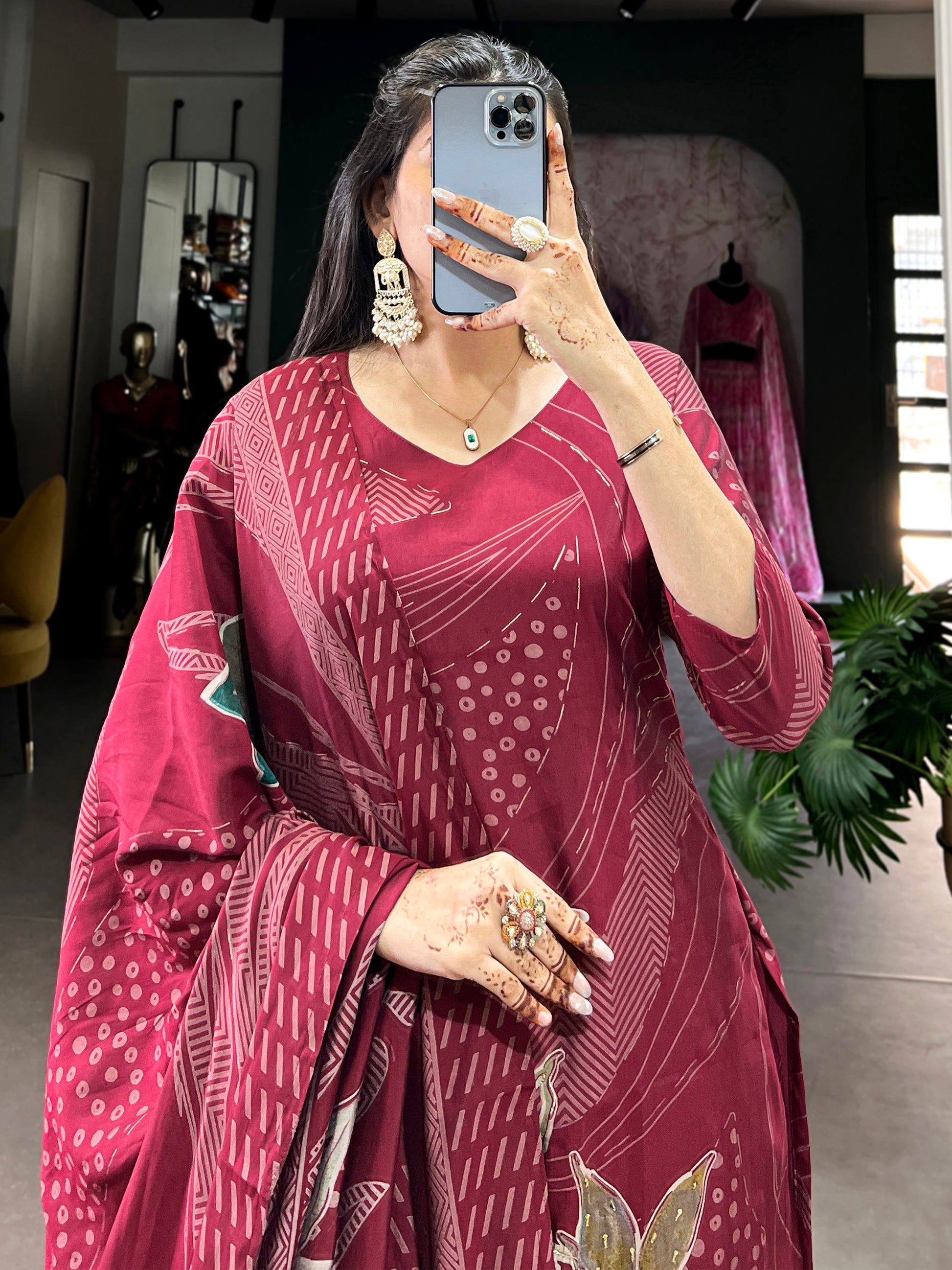 Wonderful Maroon Floral Printed Silk Palazzo Suit With Dupatta