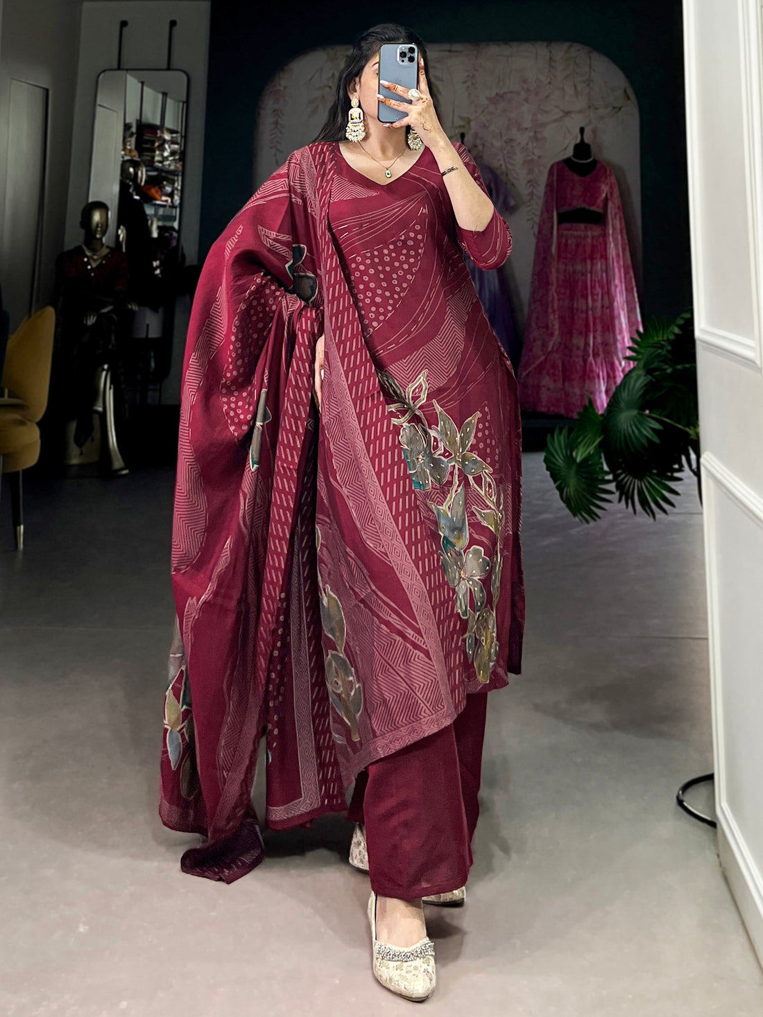 Wonderful Maroon Floral Printed Silk Palazzo Suit With Dupatta