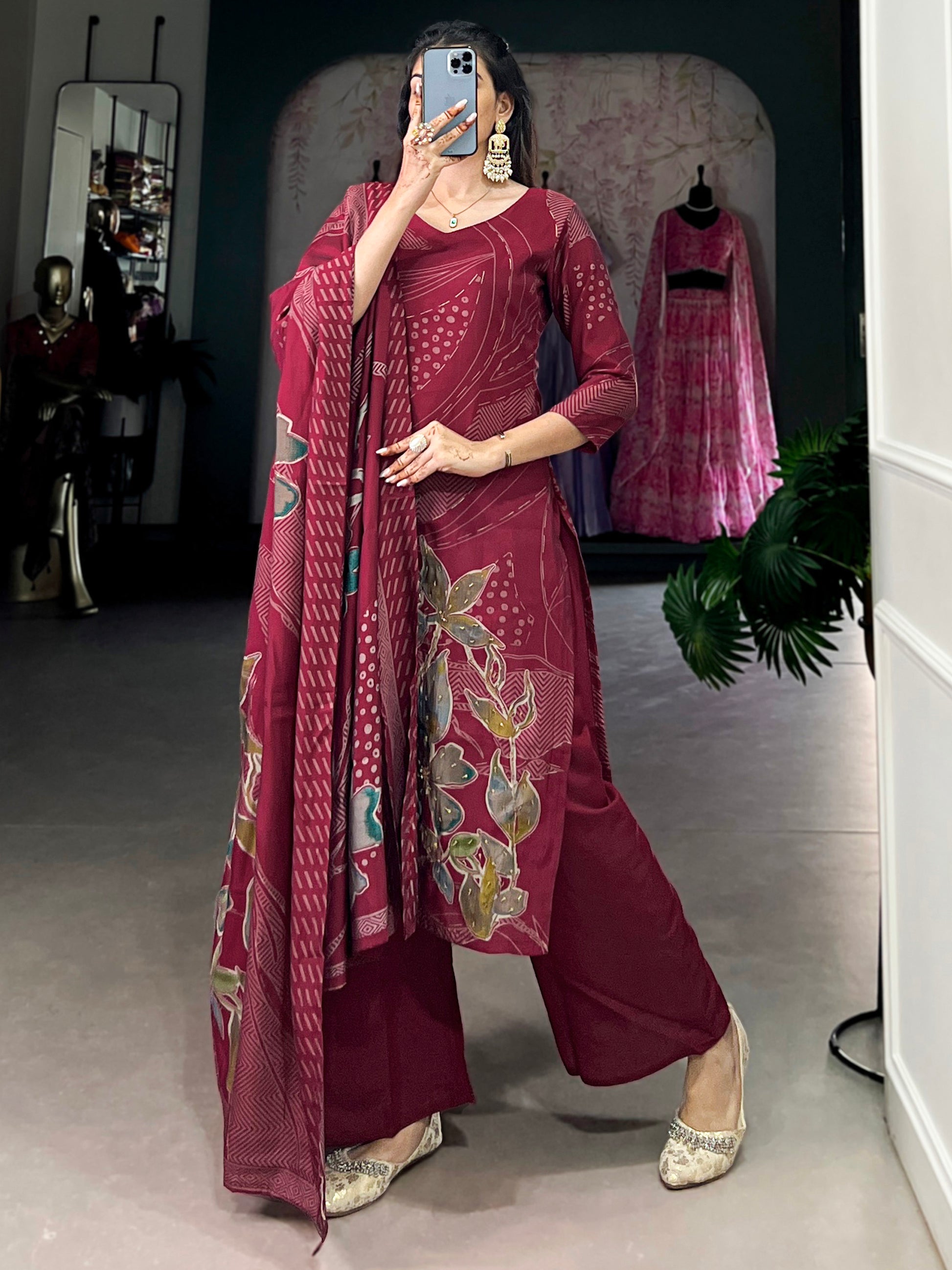 Wonderful Maroon Floral Printed Silk Palazzo Suit With Dupatta