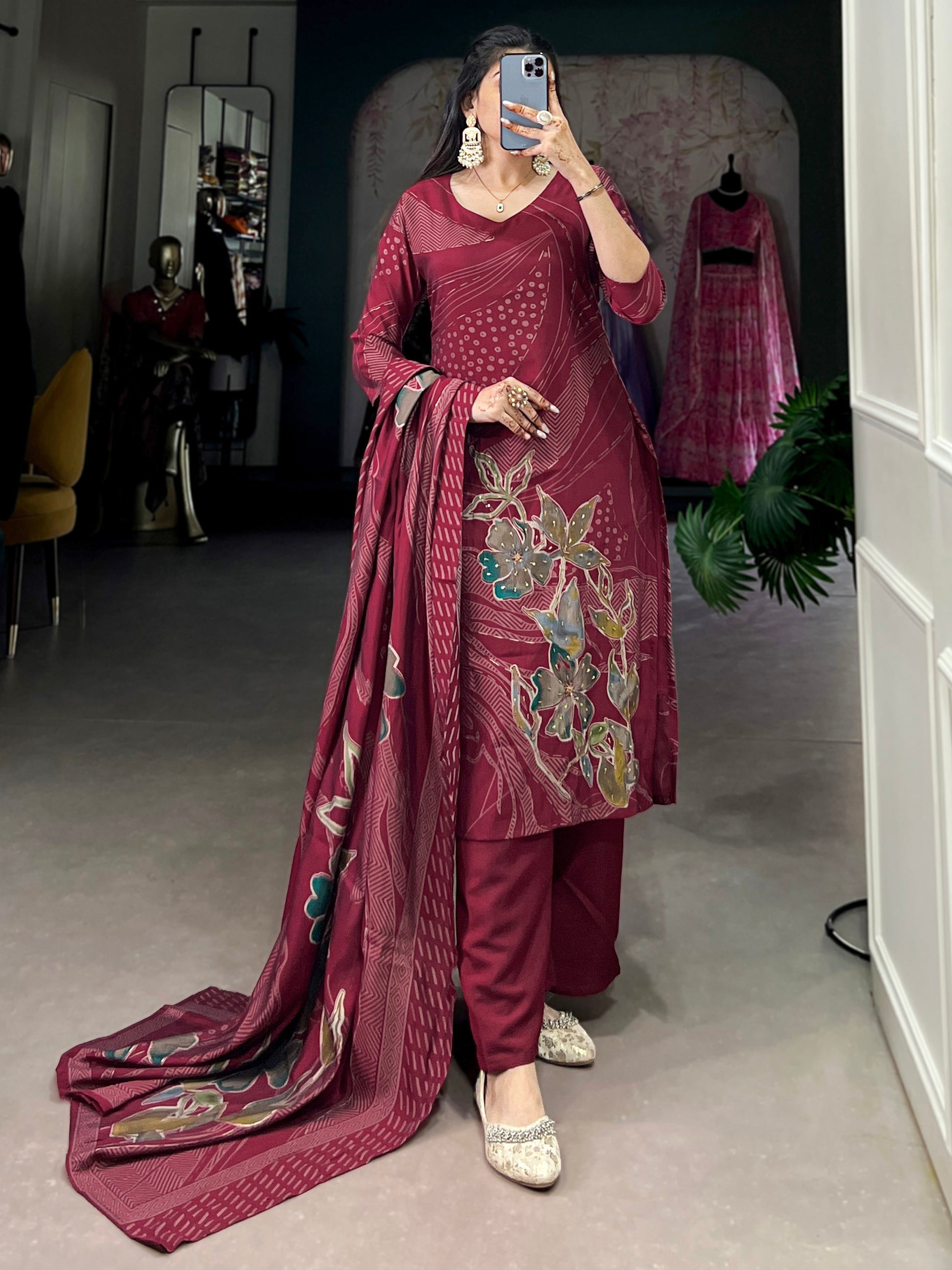 Wonderful Maroon Floral Printed Silk Palazzo Suit With Dupatta