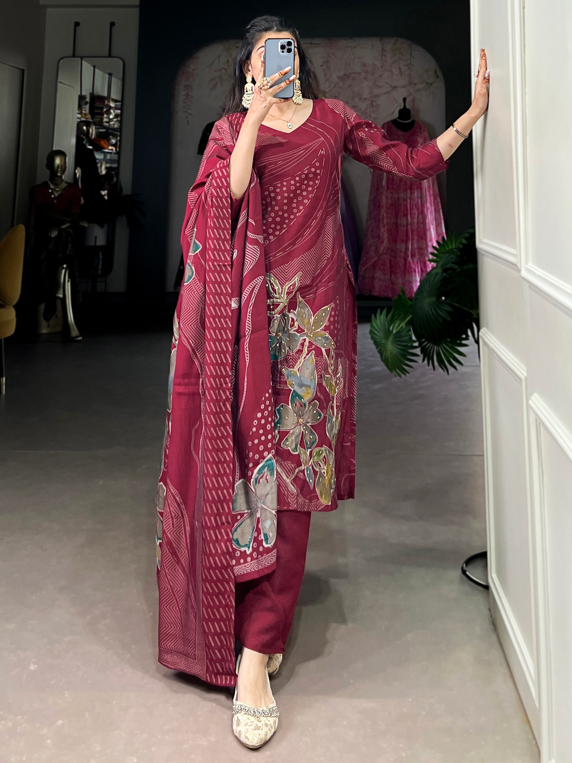 Wonderful Maroon Floral Printed Silk Palazzo Suit With Dupatta