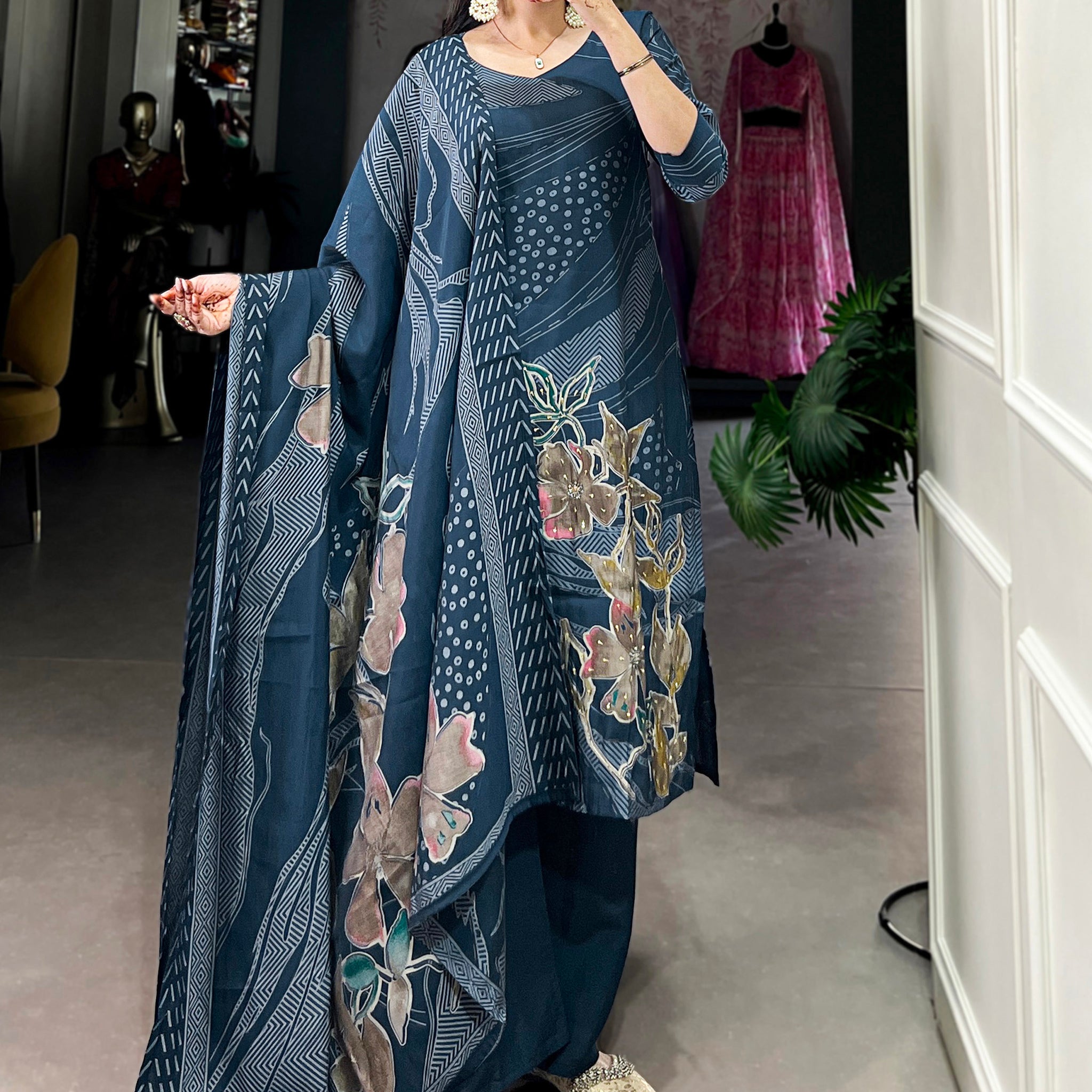 Enchanting Navy Blue Floral Printed Silk Casual Wear Palazzo Suit