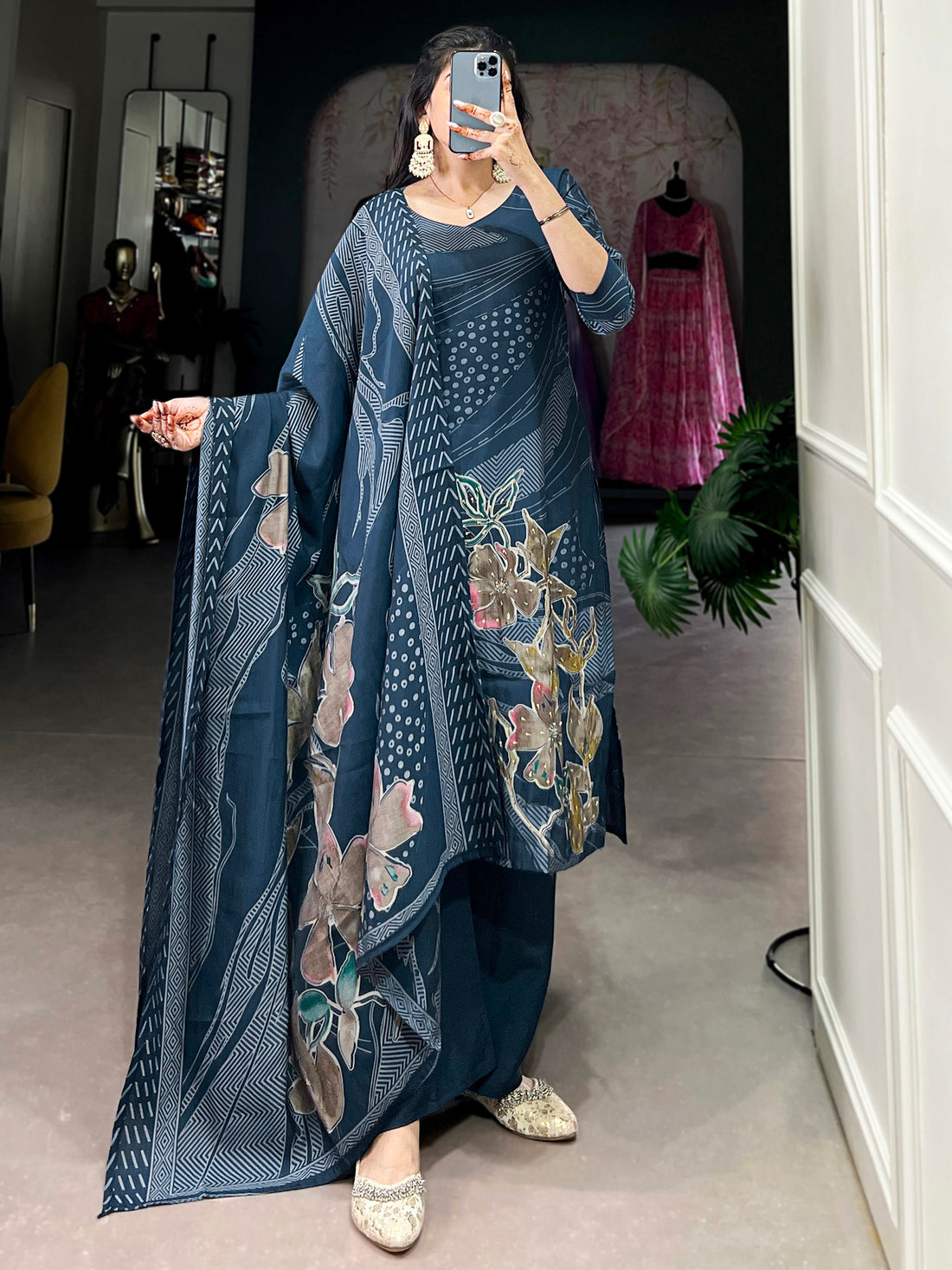 Enchanting Navy Blue Floral Printed Silk Casual Wear Palazzo Suit