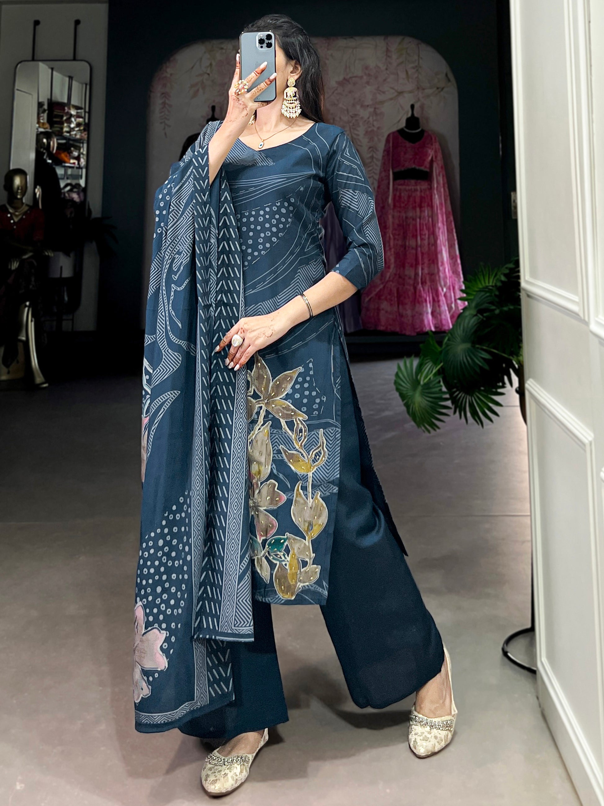 Enchanting Navy Blue Floral Printed Silk Casual Wear Palazzo Suit