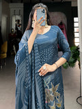Enchanting Navy Blue Floral Printed Silk Casual Wear Palazzo Suit