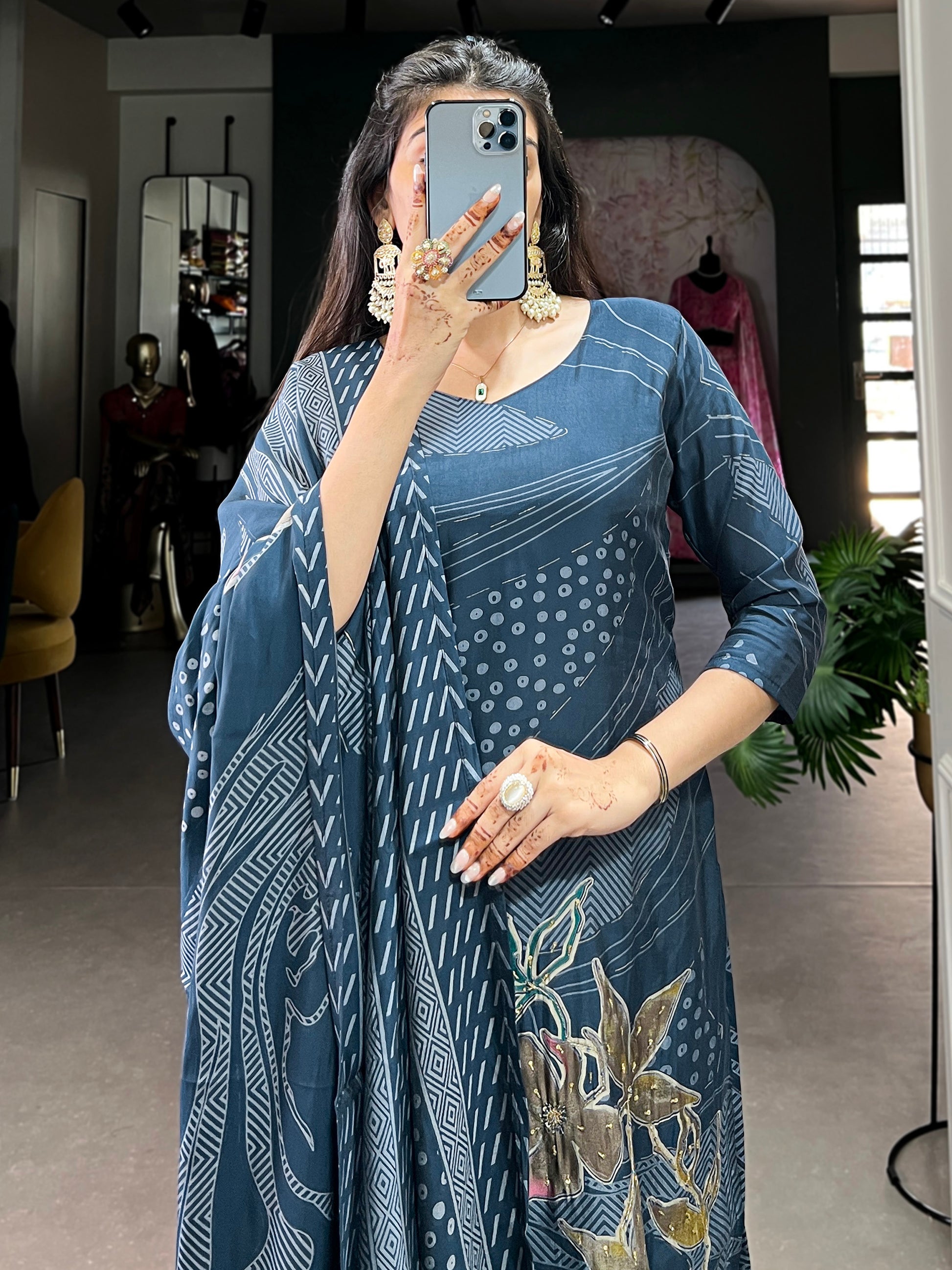 Enchanting Navy Blue Floral Printed Silk Casual Wear Palazzo Suit