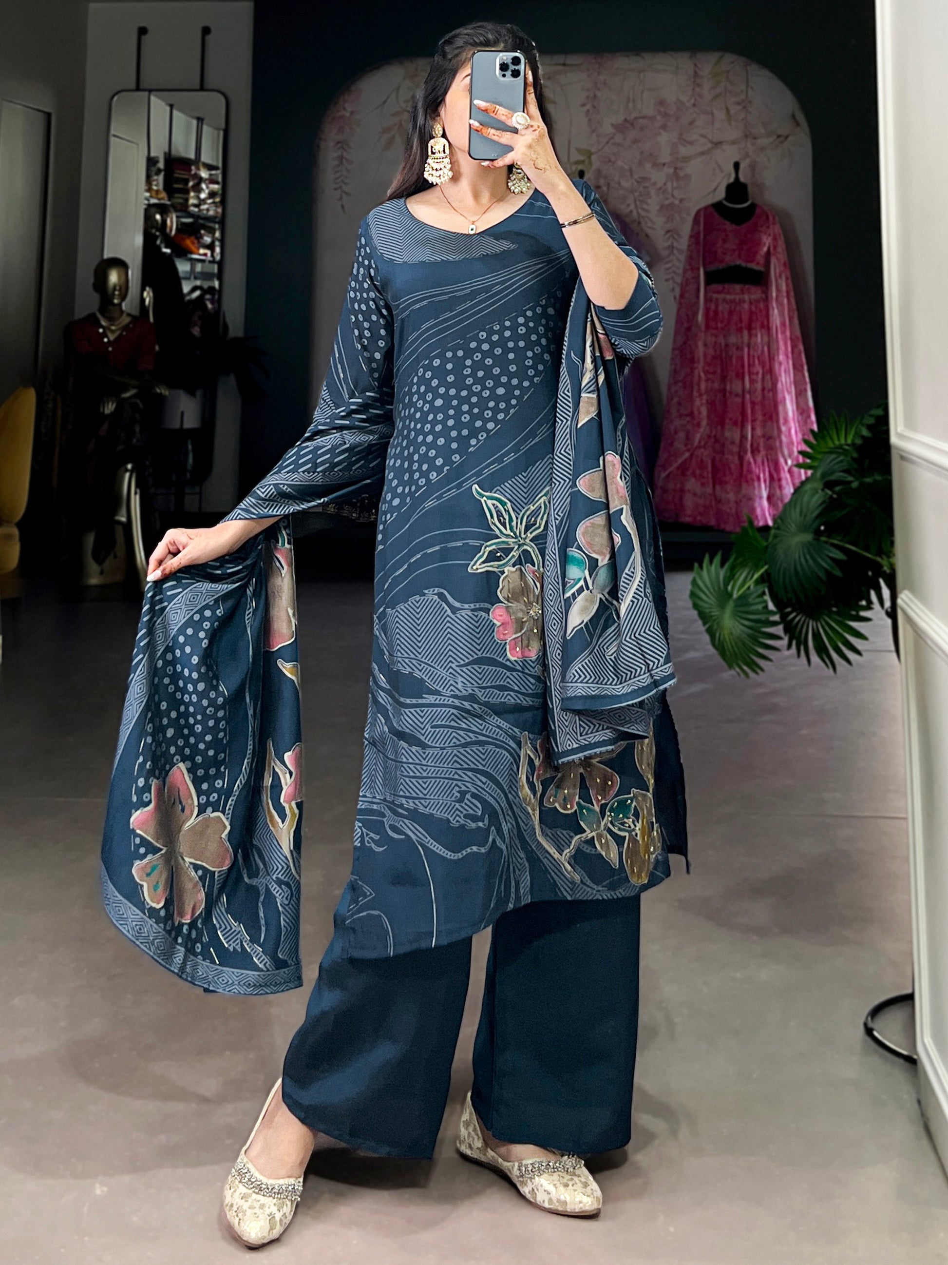 Enchanting Navy Blue Floral Printed Silk Casual Wear Palazzo Suit