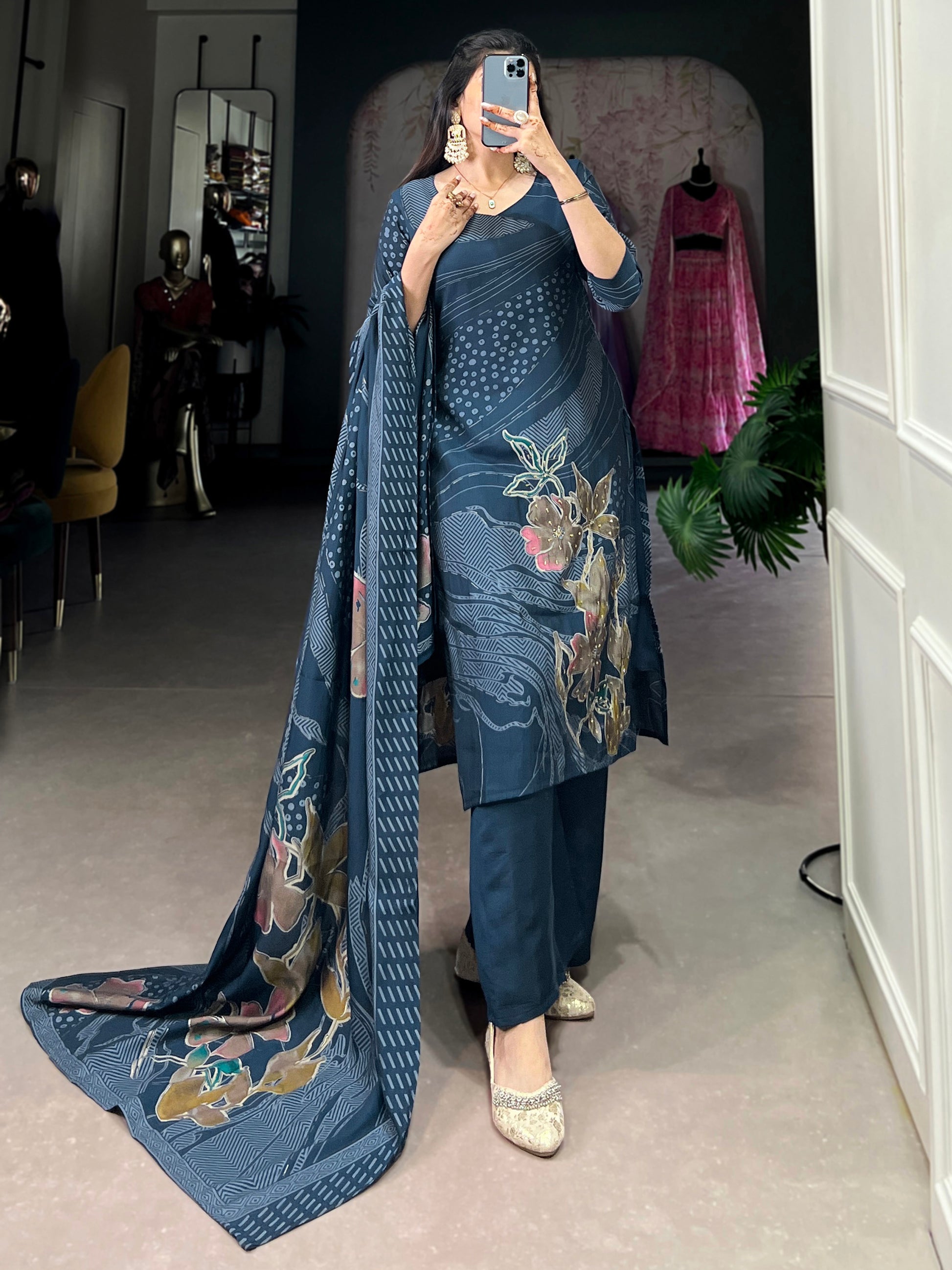 Enchanting Navy Blue Floral Printed Silk Casual Wear Palazzo Suit