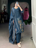 Enchanting Navy Blue Floral Printed Silk Casual Wear Palazzo Suit