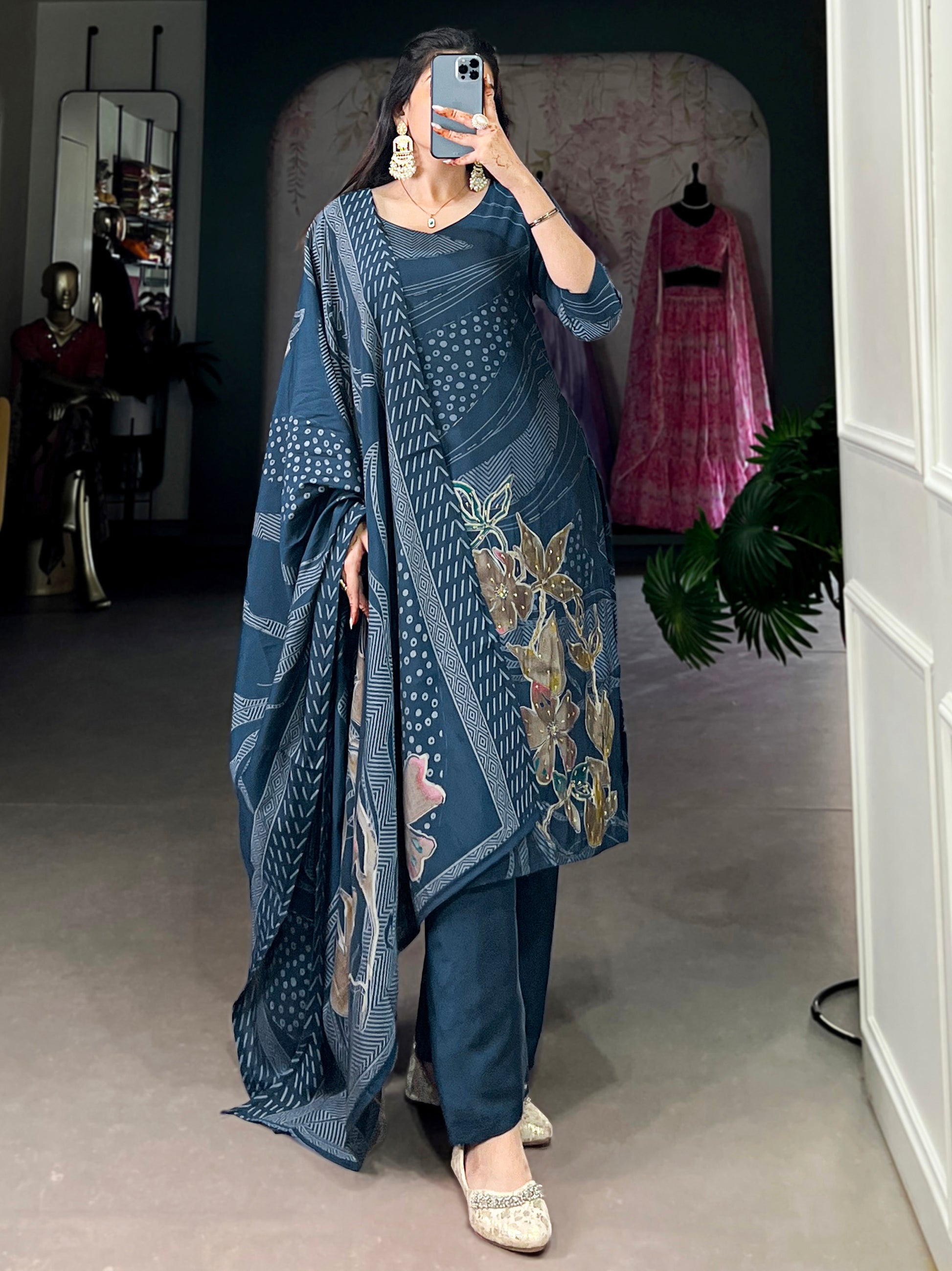 Enchanting Navy Blue Floral Printed Silk Casual Wear Palazzo Suit