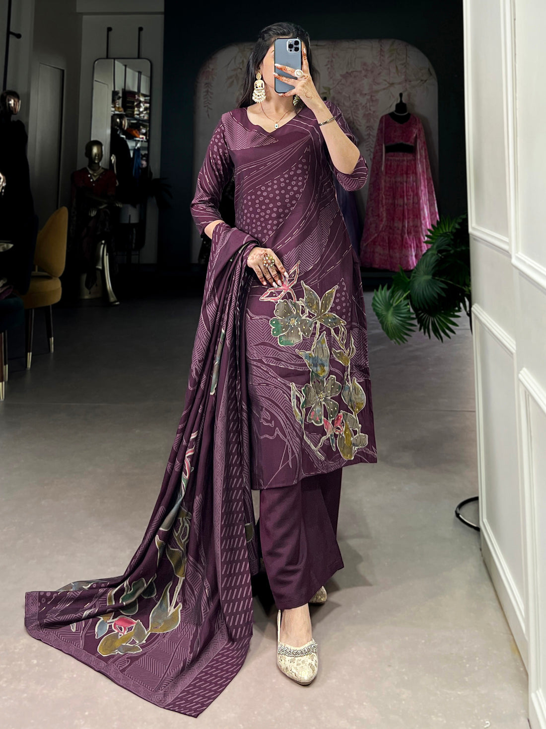 Alluring Wine Floral Printed Silk Office Wear Palazzo Suit With Dupatta
