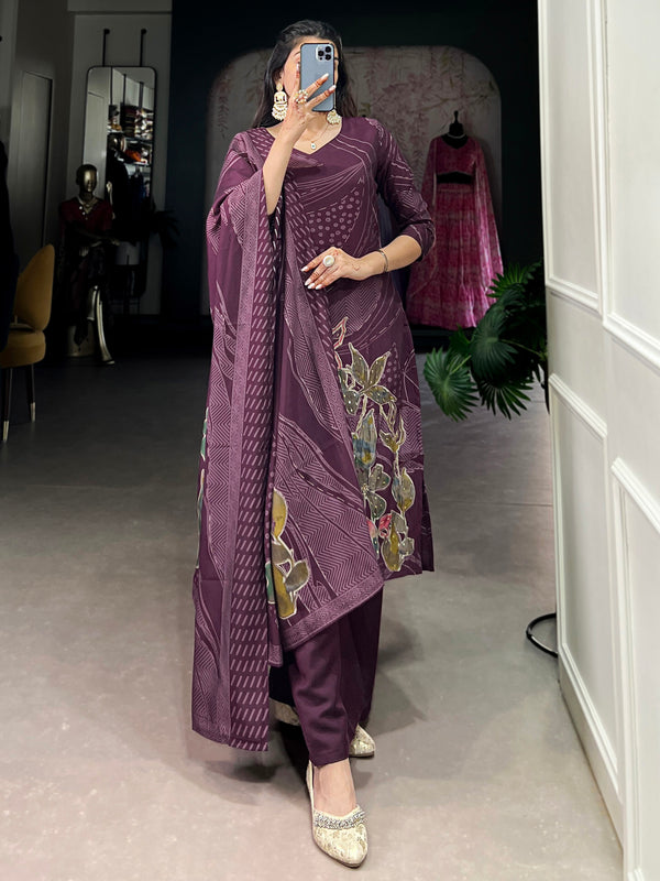 Alluring Wine Floral Printed Silk Office Wear Palazzo Suit With Dupatta