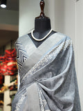 Stunning Grey Digital Printed Handloom Kotha Border Saree With Blouse
