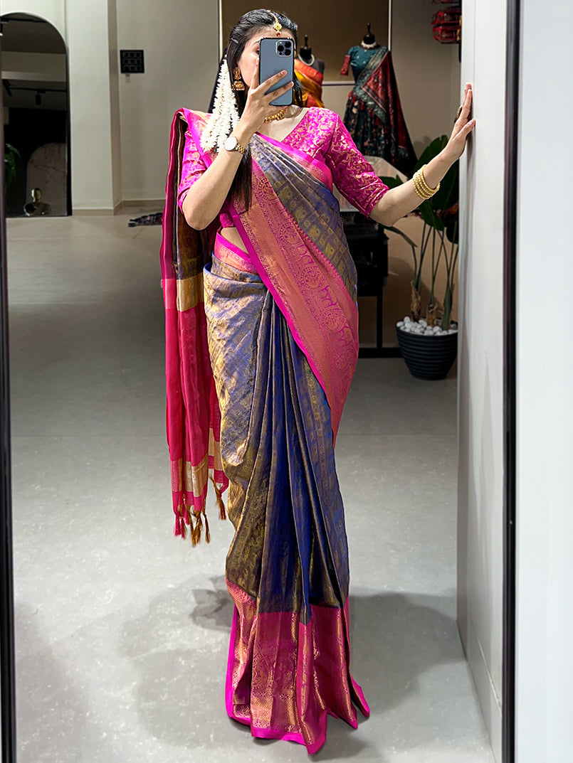 Ravishing Navy Blue Zari Weaving Kanjivaram Saree With Blouse