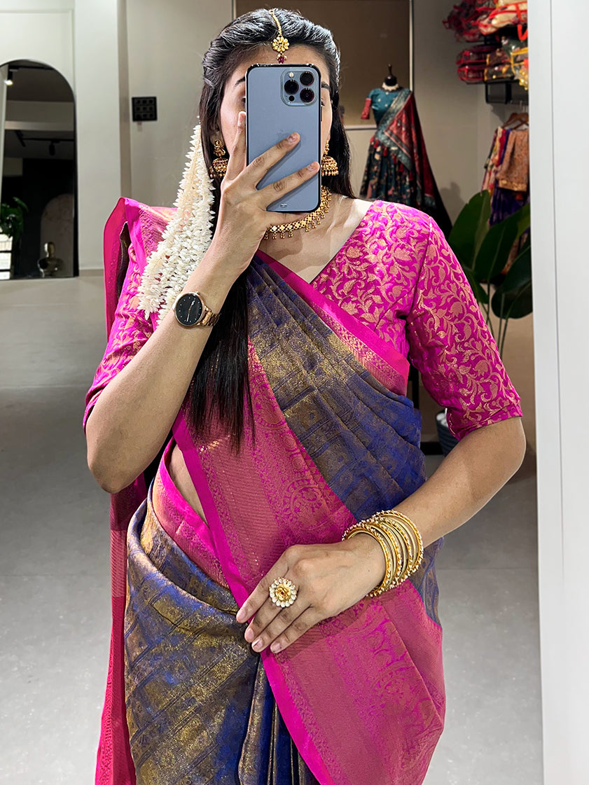 Ravishing Navy Blue Zari Weaving Kanjivaram Saree With Blouse
