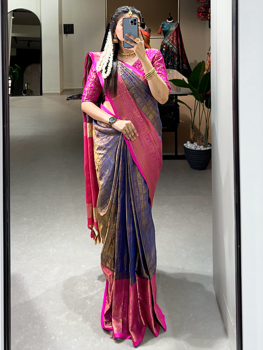 Ravishing Navy Blue Zari Weaving Kanjivaram Saree With Blouse
