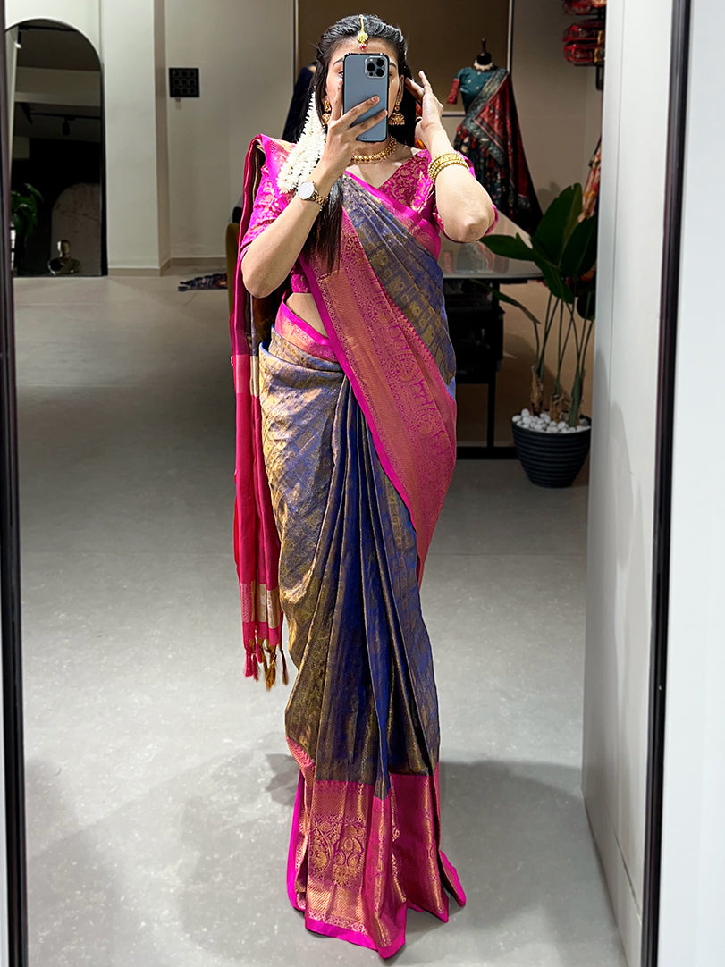 Ravishing Navy Blue Zari Weaving Kanjivaram Saree With Blouse