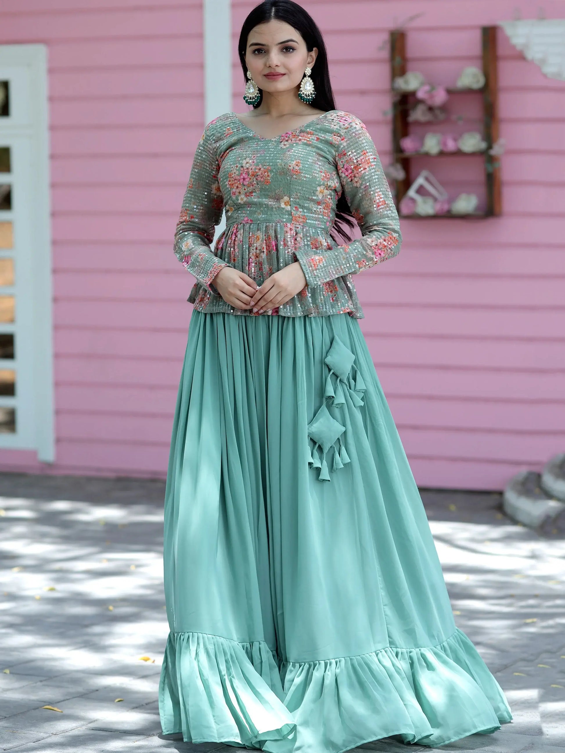 Stunning Sea Green Georgette Lehenga With Floral Printed Peplum Top