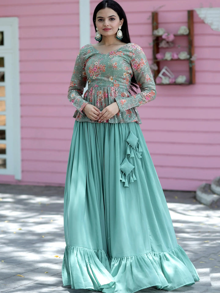 Stunning Sea Green Georgette Lehenga With Floral Printed Peplum Top