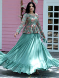 Stunning Sea Green Georgette Lehenga With Floral Printed Peplum Top