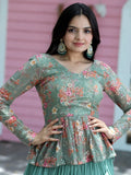 Stunning Sea Green Georgette Lehenga With Floral Printed Peplum Top