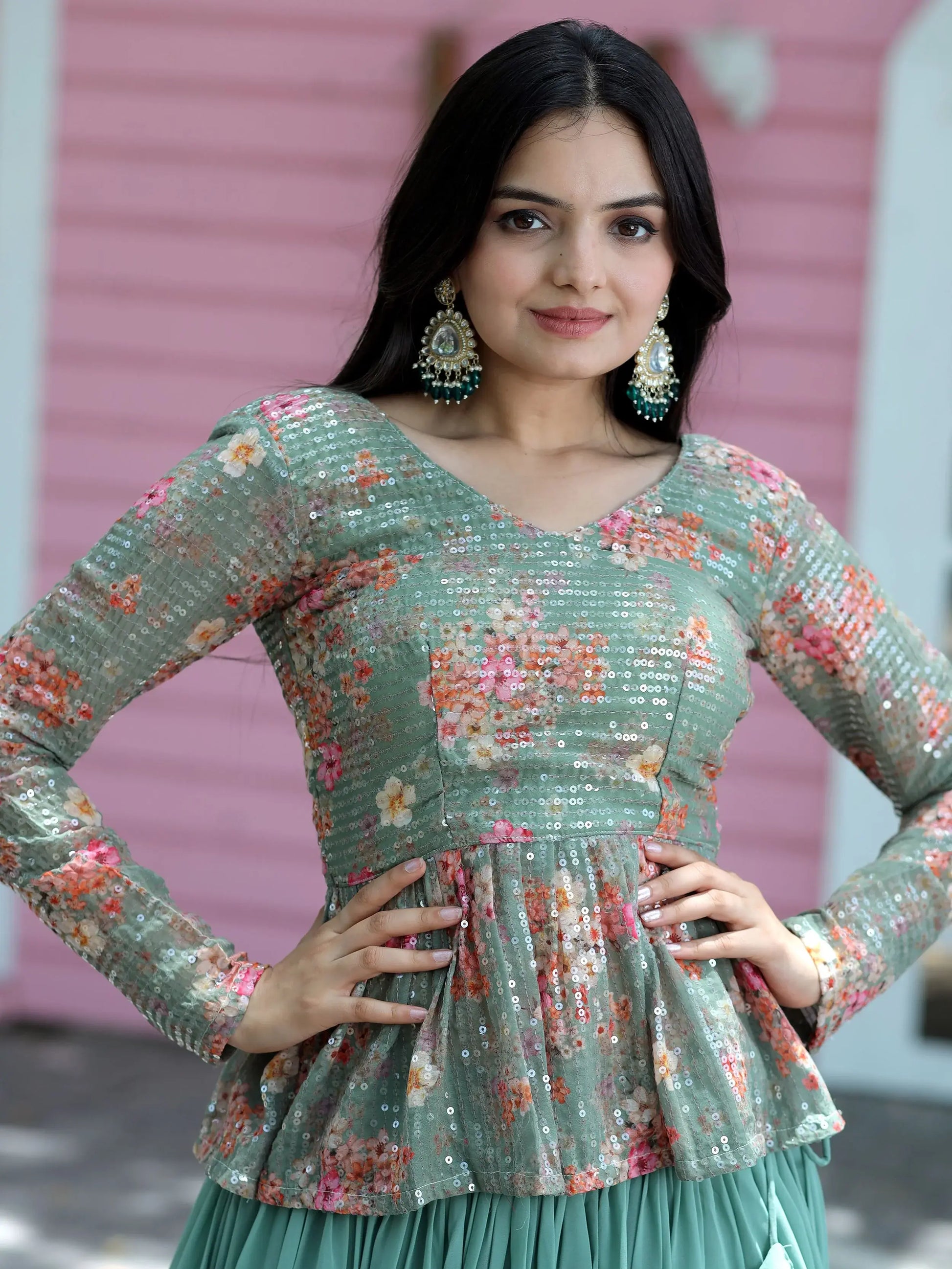 Stunning Sea Green Georgette Lehenga With Floral Printed Peplum Top