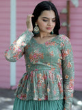 Stunning Sea Green Georgette Lehenga With Floral Printed Peplum Top