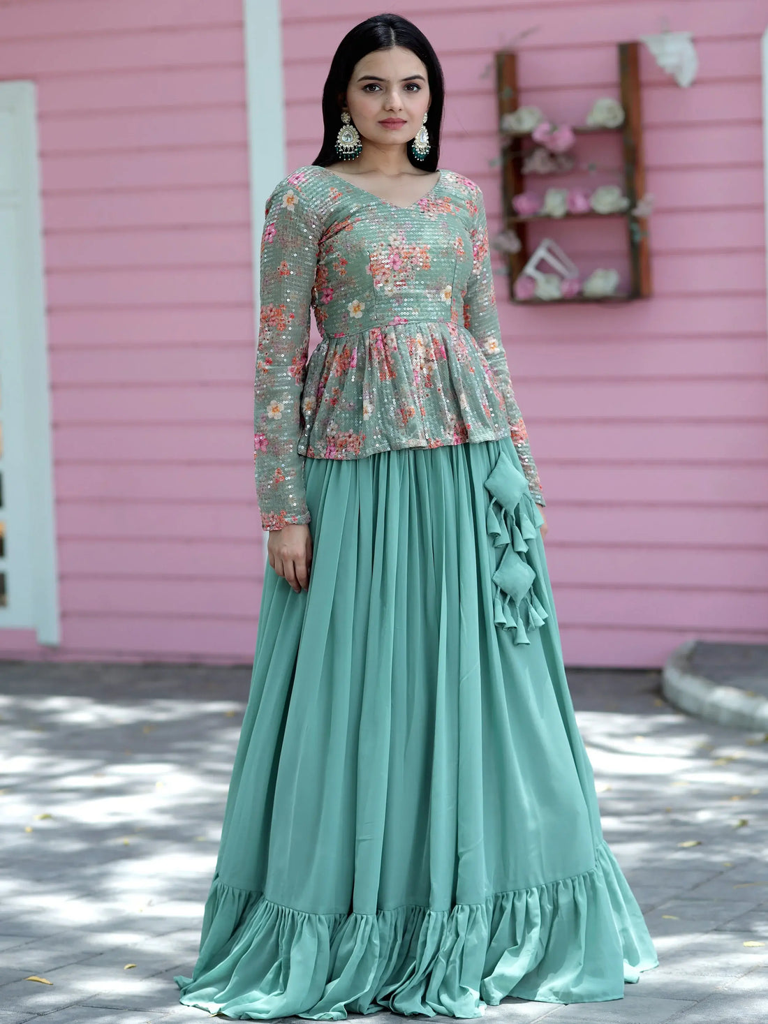 Stunning Sea Green Georgette Lehenga With Floral Printed Peplum Top