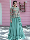 Stunning Sea Green Georgette Lehenga With Floral Printed Peplum Top