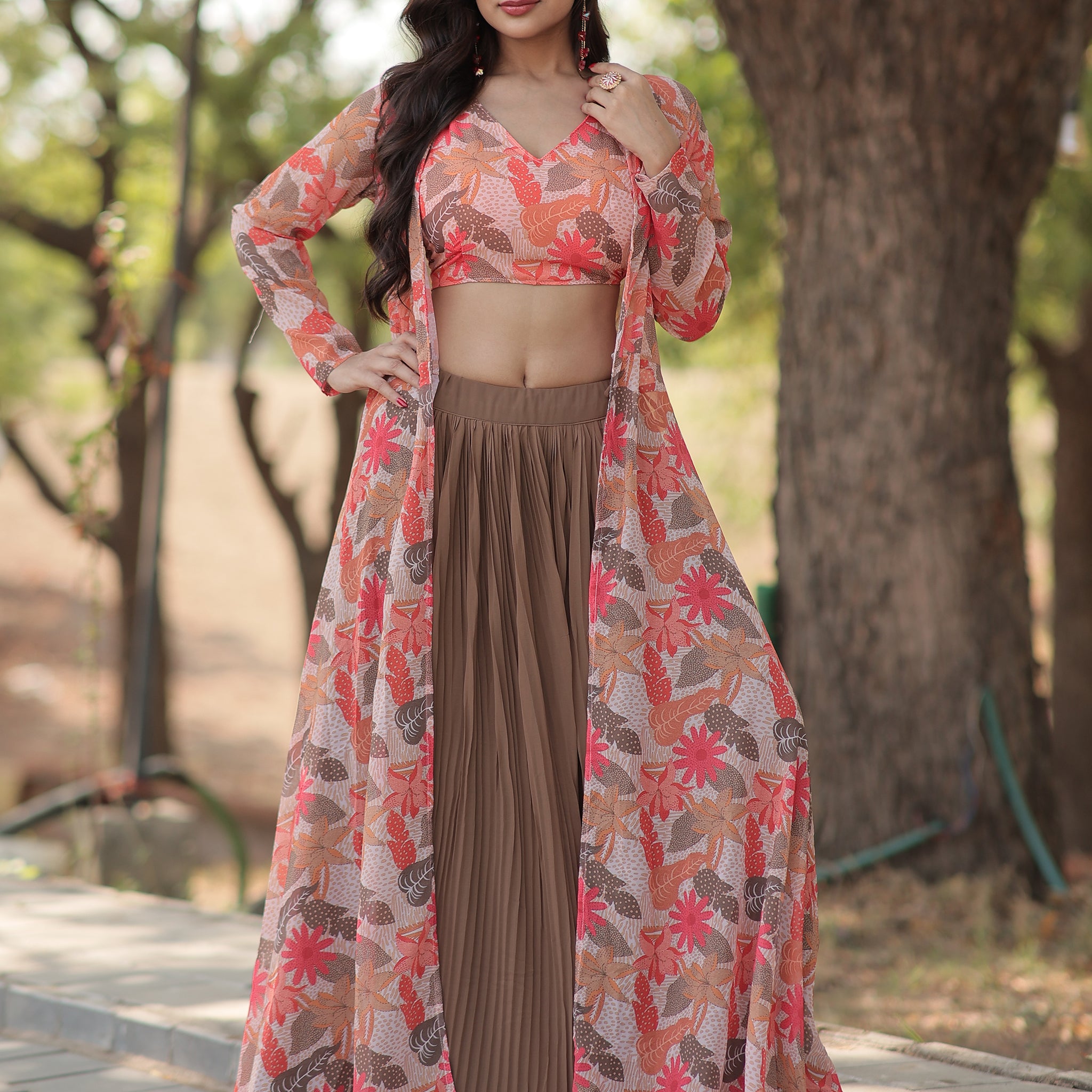 Awesome Brown Georgette Party Wear Crop Top Lehenga With Jacket
