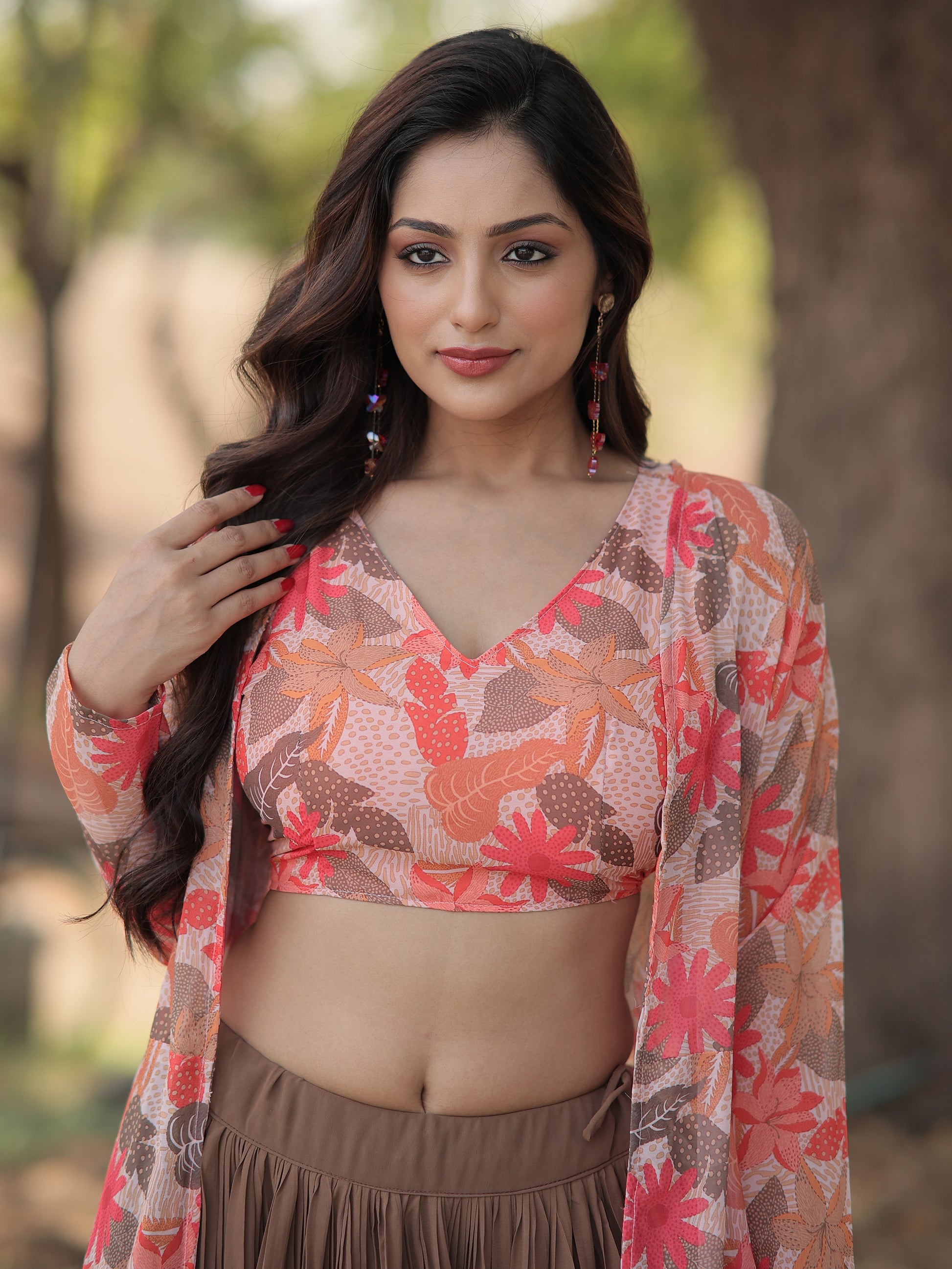 Awesome Brown Georgette Party Wear Crop Top Lehenga With Jacket
