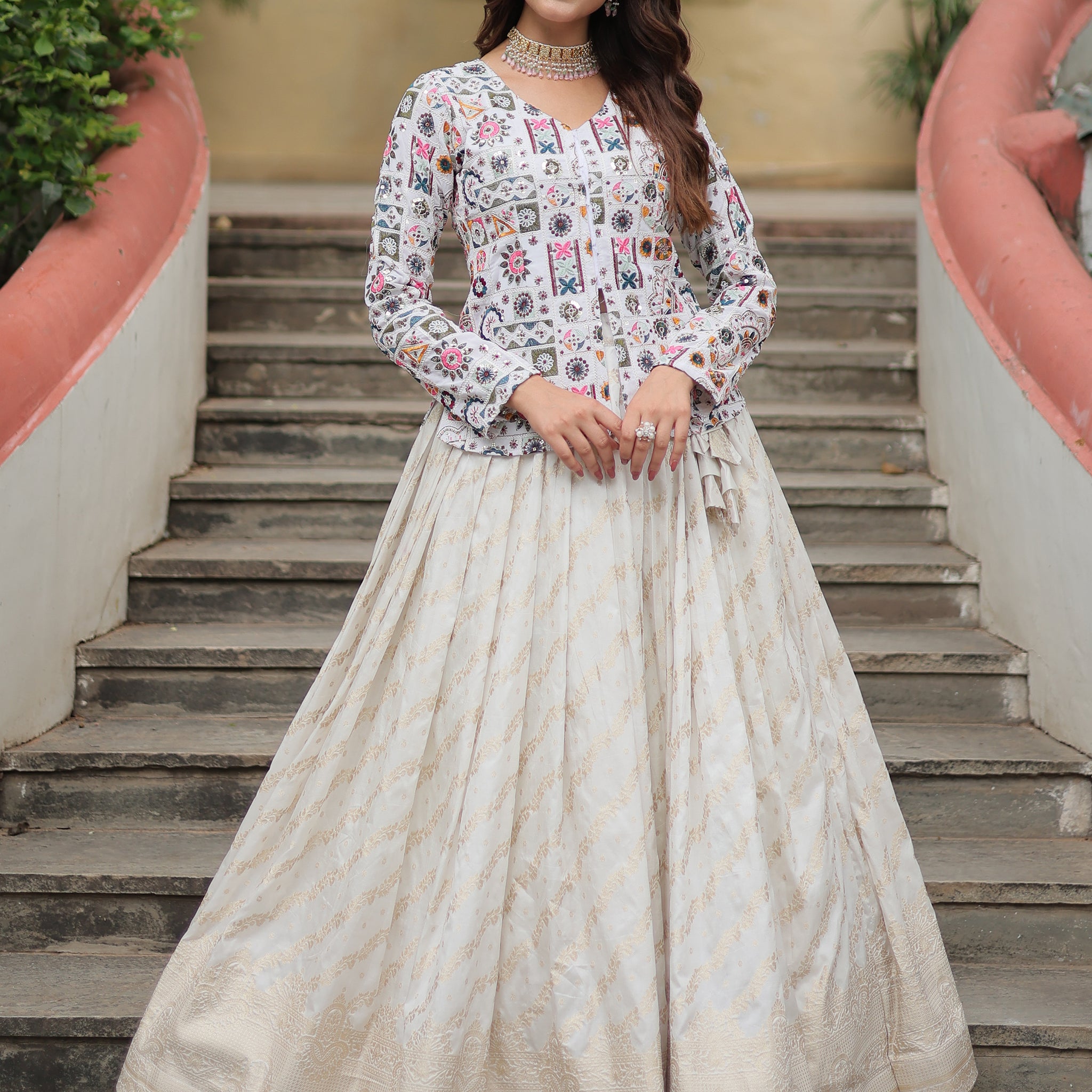 Incredible Off-White Sequins Jacquard Lehenga With Long Top