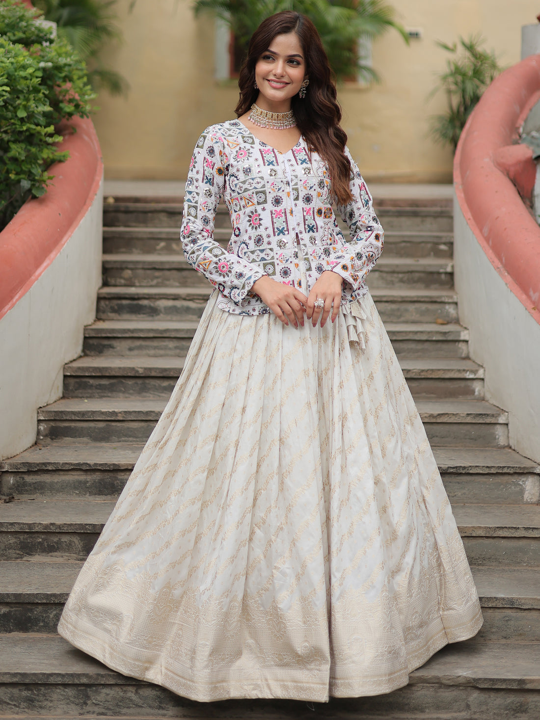 Incredible Off-White Sequins Jacquard Lehenga With Long Top