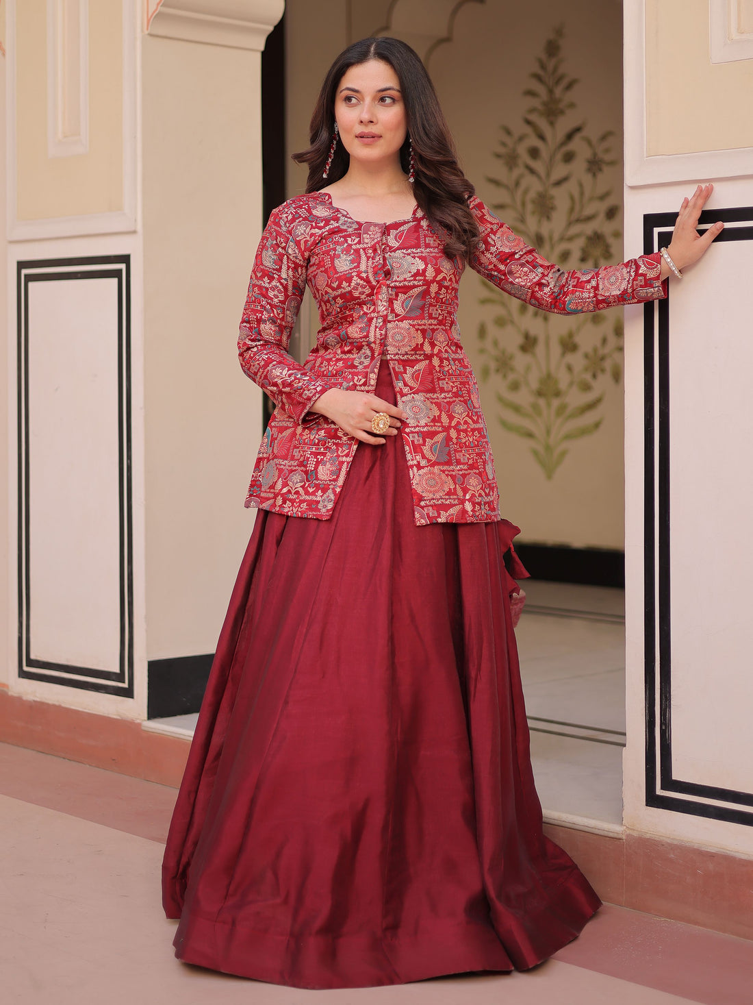 Pretty Maroon Zari Weaving Vichitra Silk Wedding Wear Lehenga With Jacket