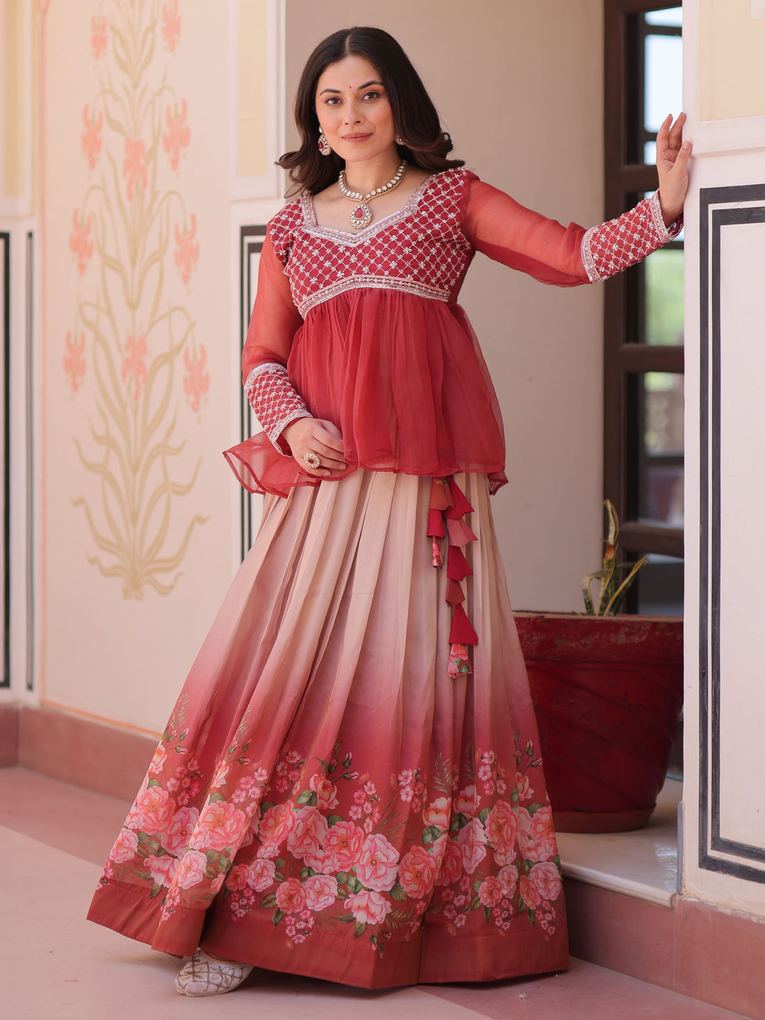 Dazzling Coral Red Floral Printed Silk Designer Lehenga With Peplum Top