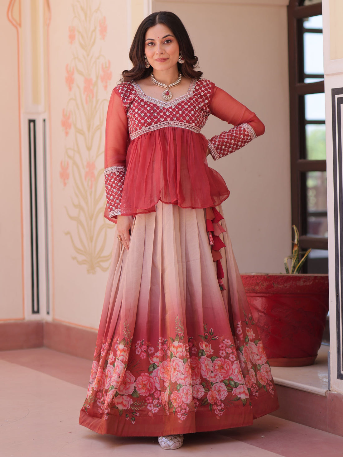 Dazzling Coral Red Floral Printed Silk Designer Lehenga With Peplum Top