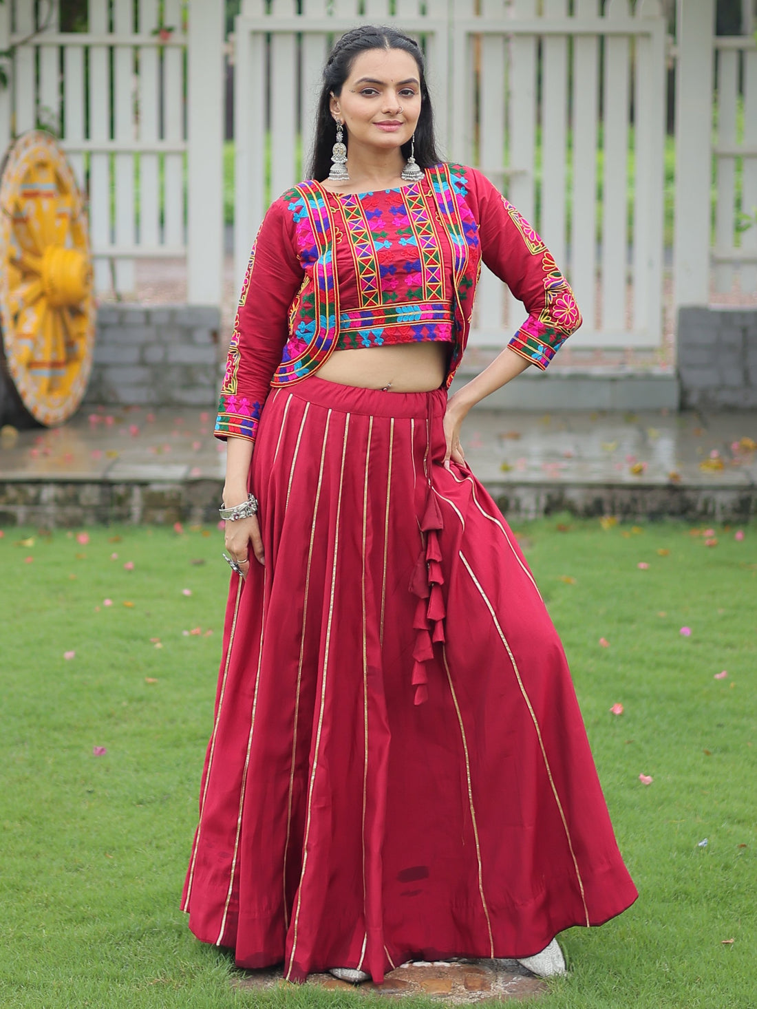 Awesome Maroon Gota Patti Lace Silk Navratri Special Lehenga Choli With Jacket