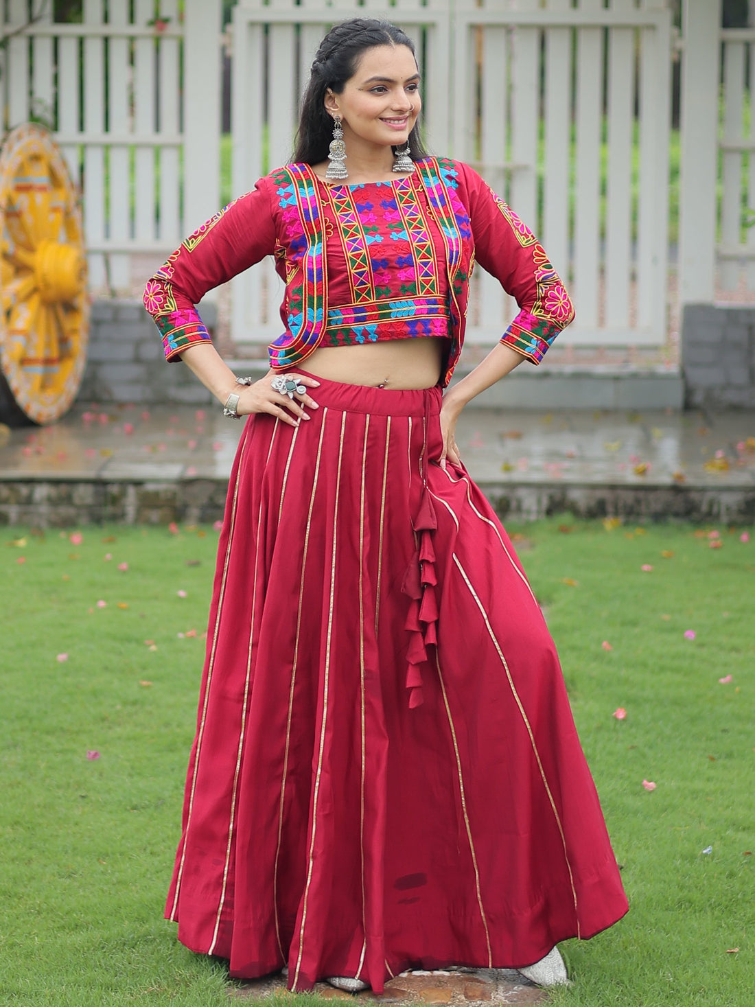 Awesome Maroon Gota Patti Lace Silk Navratri Special Lehenga Choli With Jacket