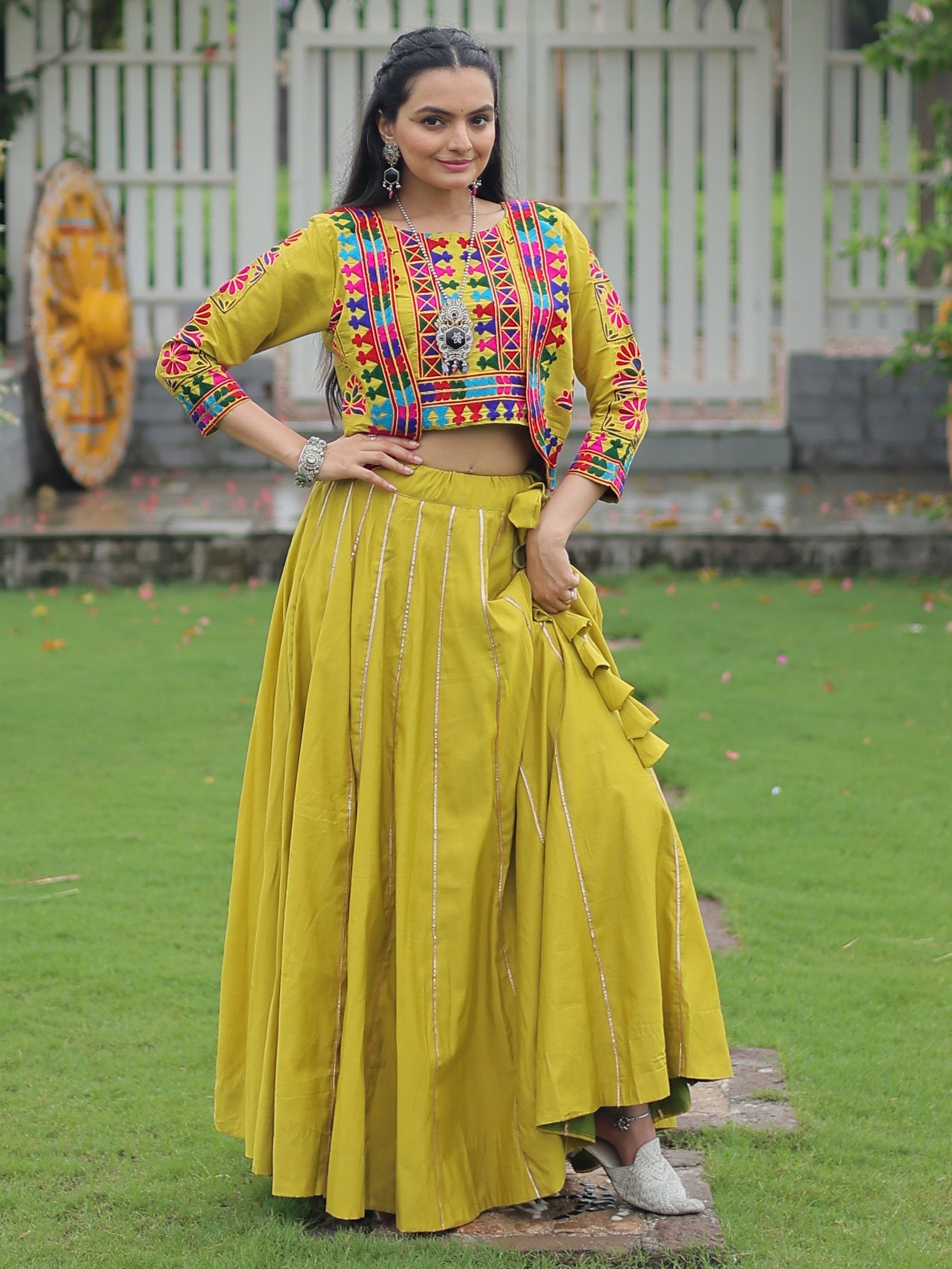 Amazing Parrot Green Kutchi Work Silk Festive Wear Lehenga Choli With Jacket