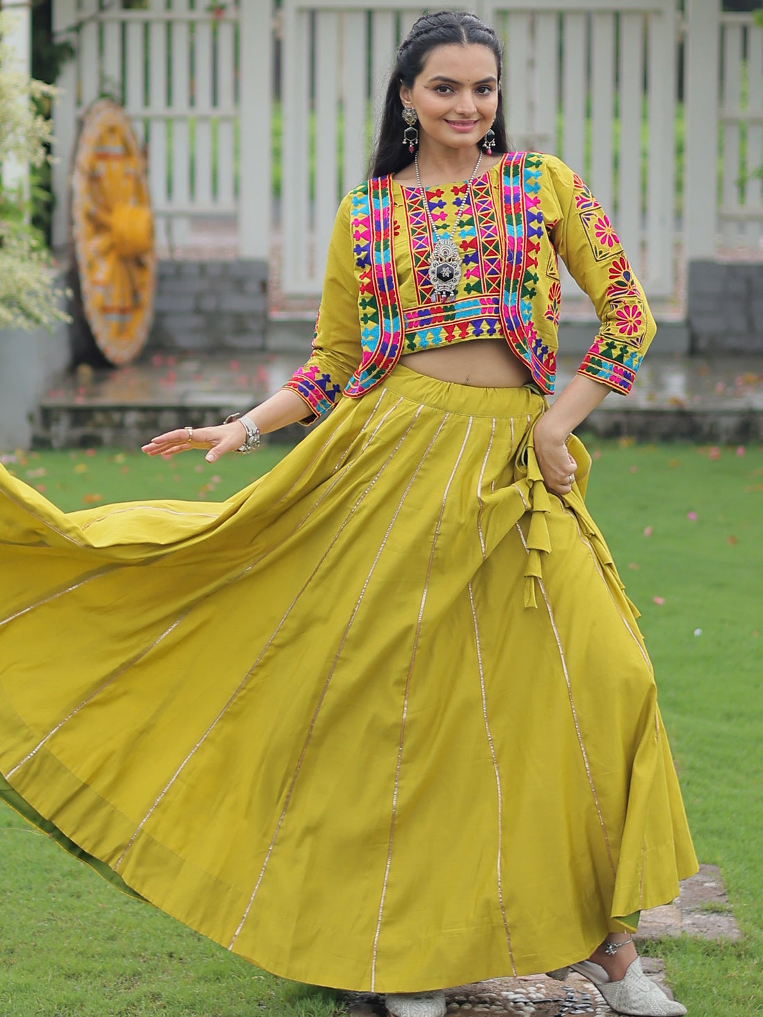 Amazing Parrot Green Kutchi Work Silk Festive Wear Lehenga Choli With Jacket