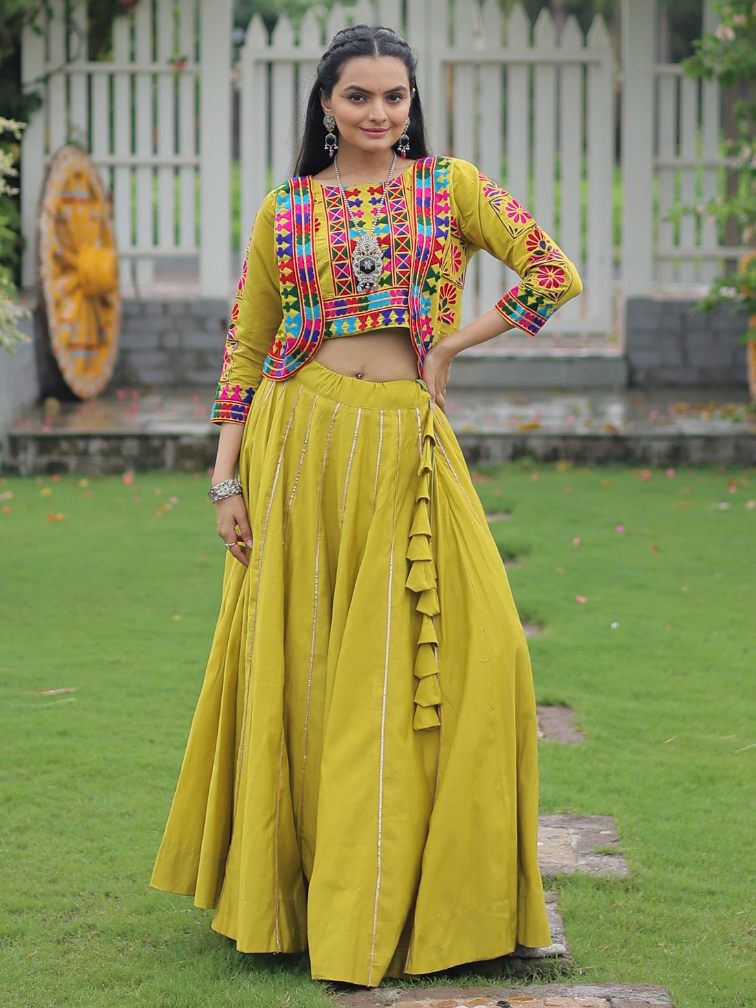 Amazing Parrot Green Kutchi Work Silk Festive Wear Lehenga Choli With Jacket
