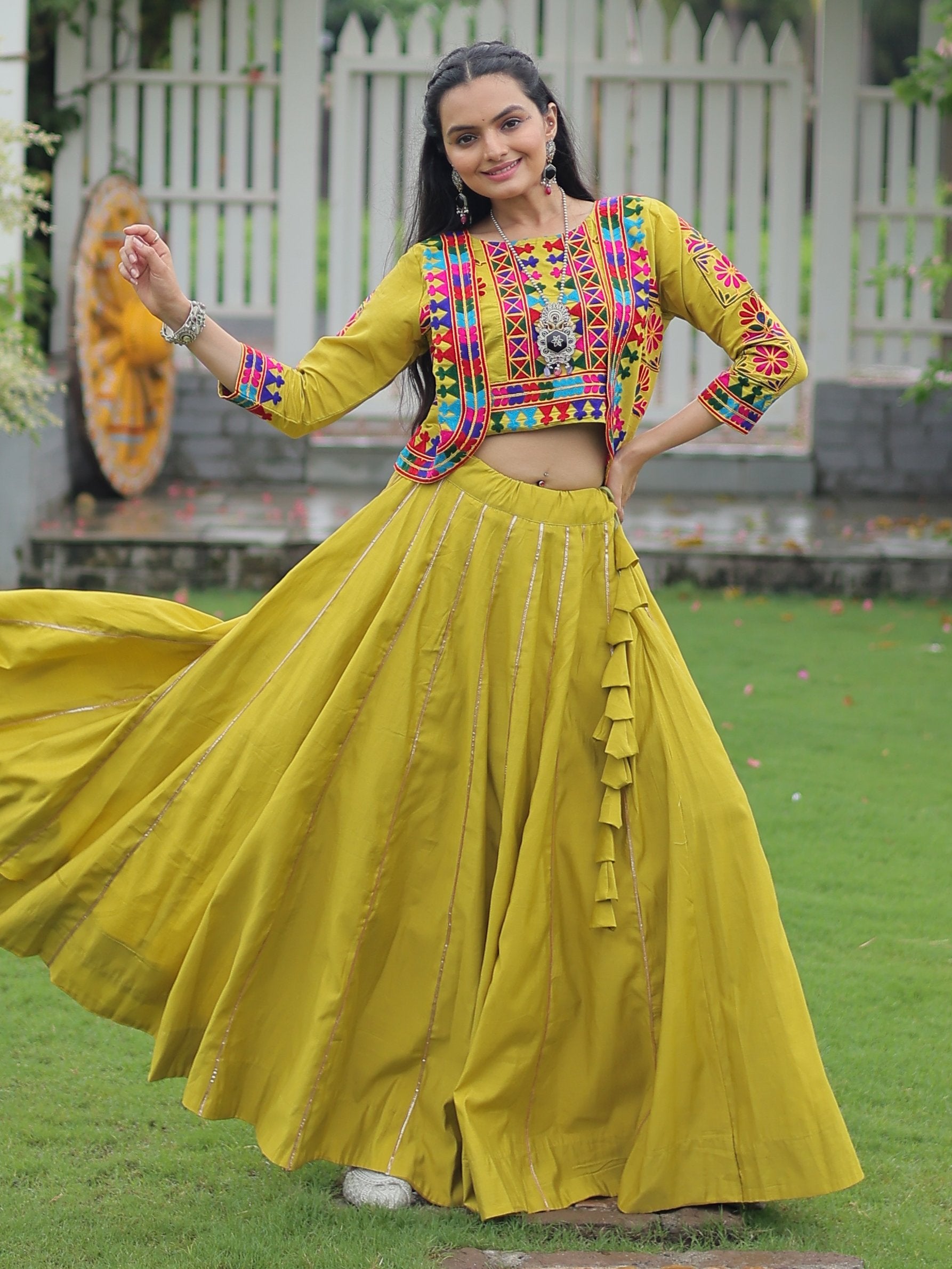 Amazing Parrot Green Kutchi Work Silk Festive Wear Lehenga Choli With Jacket