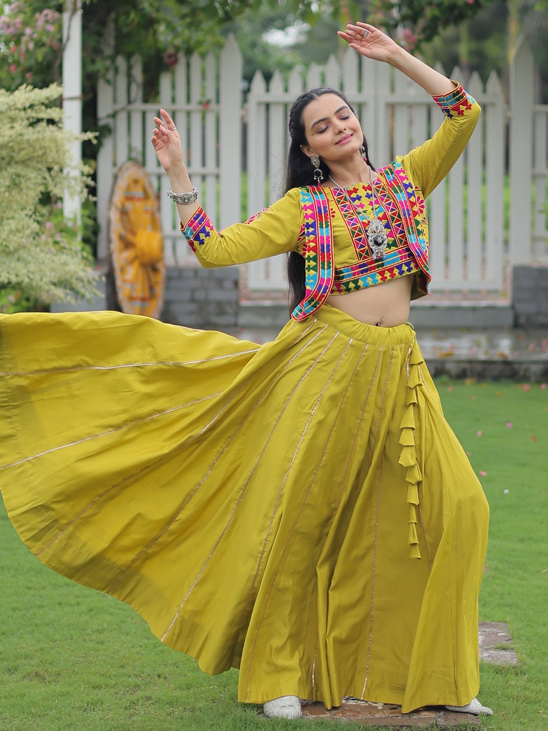 Amazing Parrot Green Kutchi Work Silk Festive Wear Lehenga Choli With Jacket