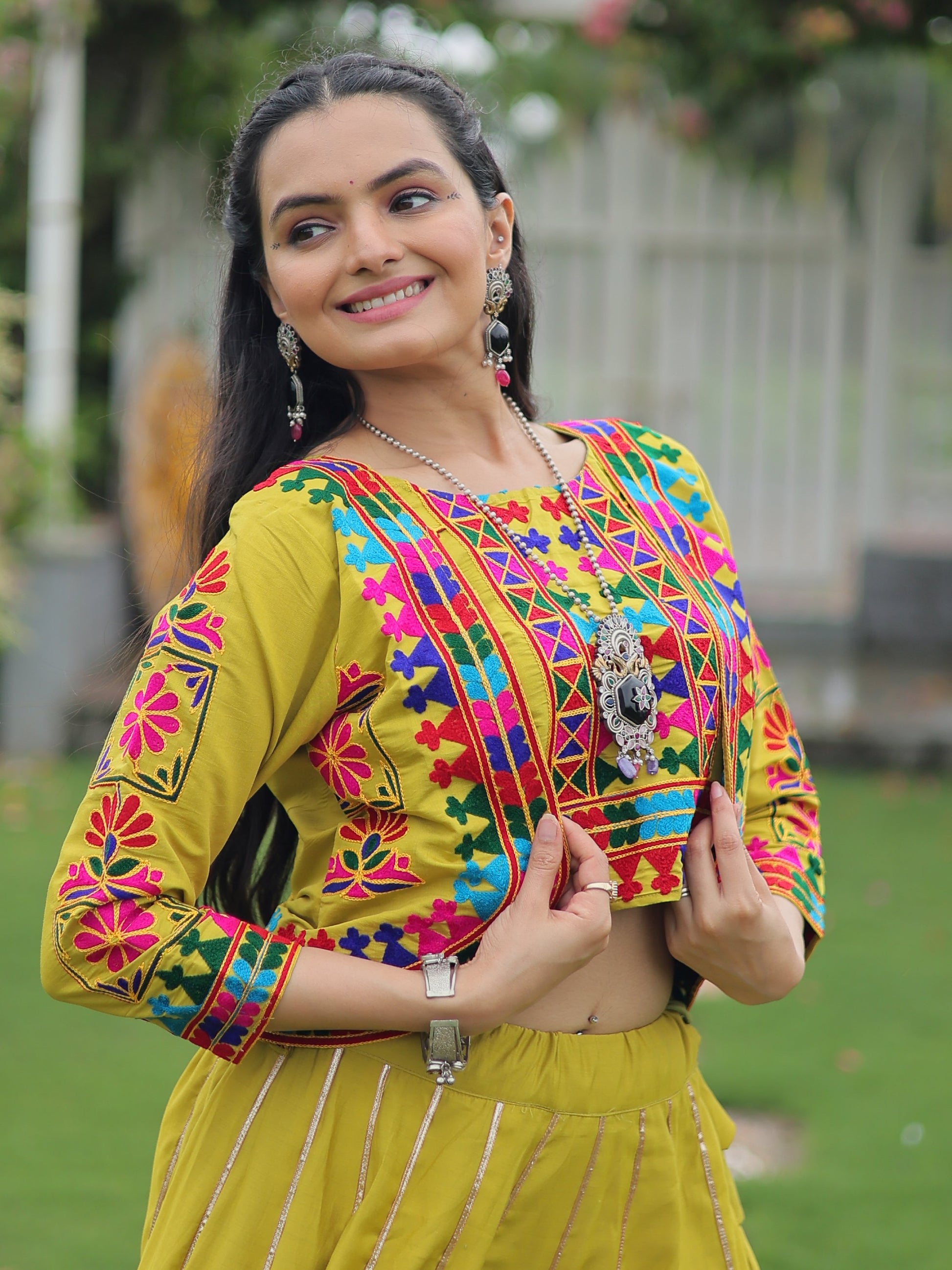 Amazing Parrot Green Kutchi Work Silk Festive Wear Lehenga Choli With Jacket