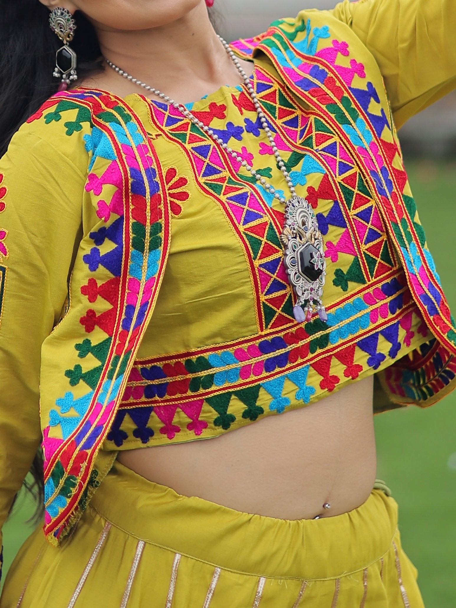 Amazing Parrot Green Kutchi Work Silk Festive Wear Lehenga Choli With Jacket