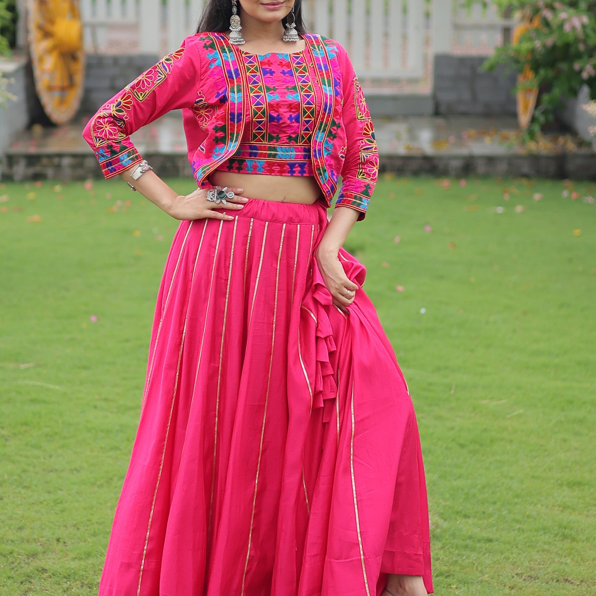 Pretty Pink Kutchi Work Silk Navratri Special Lehenga Choli With Jacket