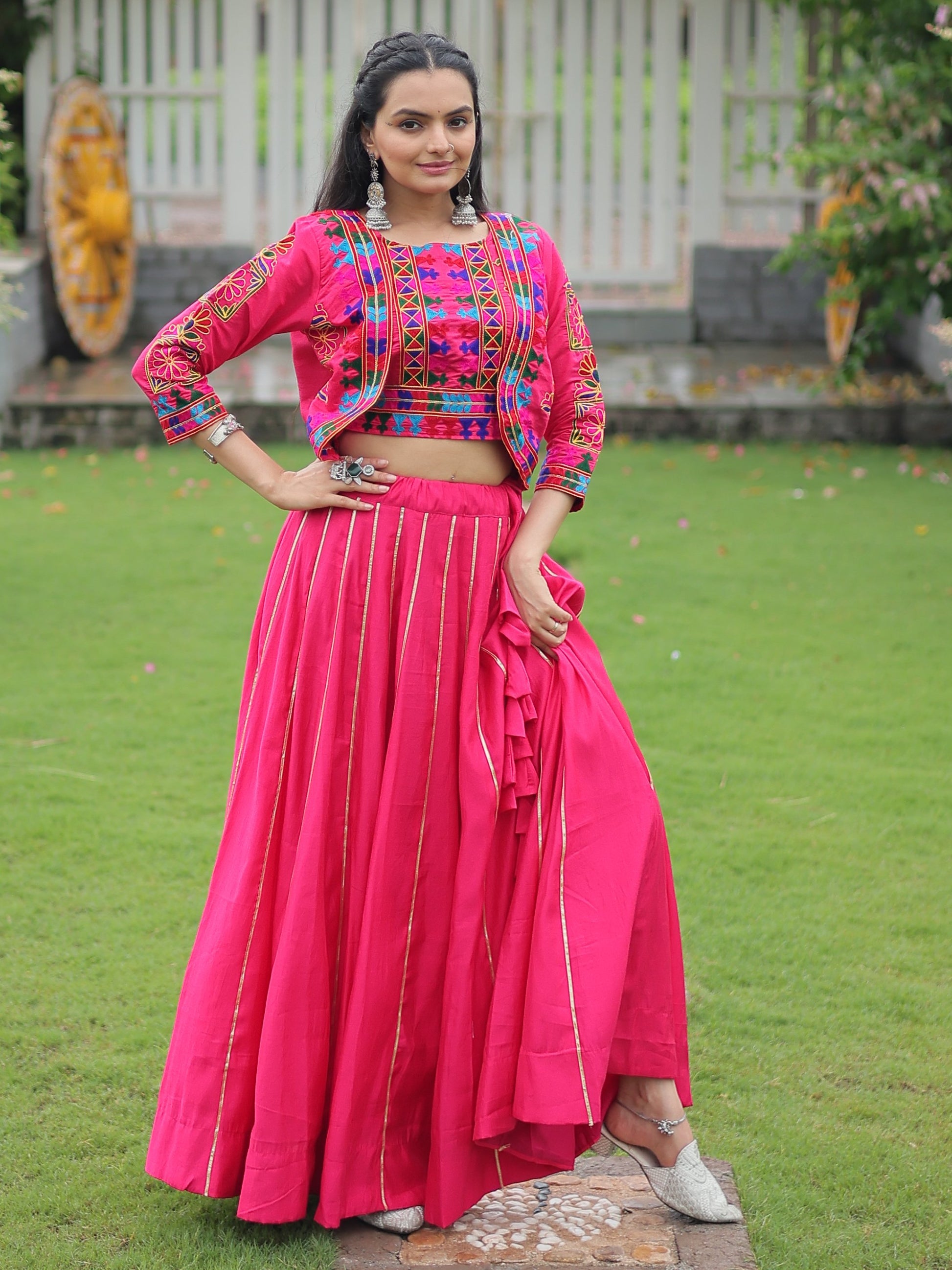 Pretty Pink Kutchi Work Silk Navratri Special Lehenga Choli With Jacket